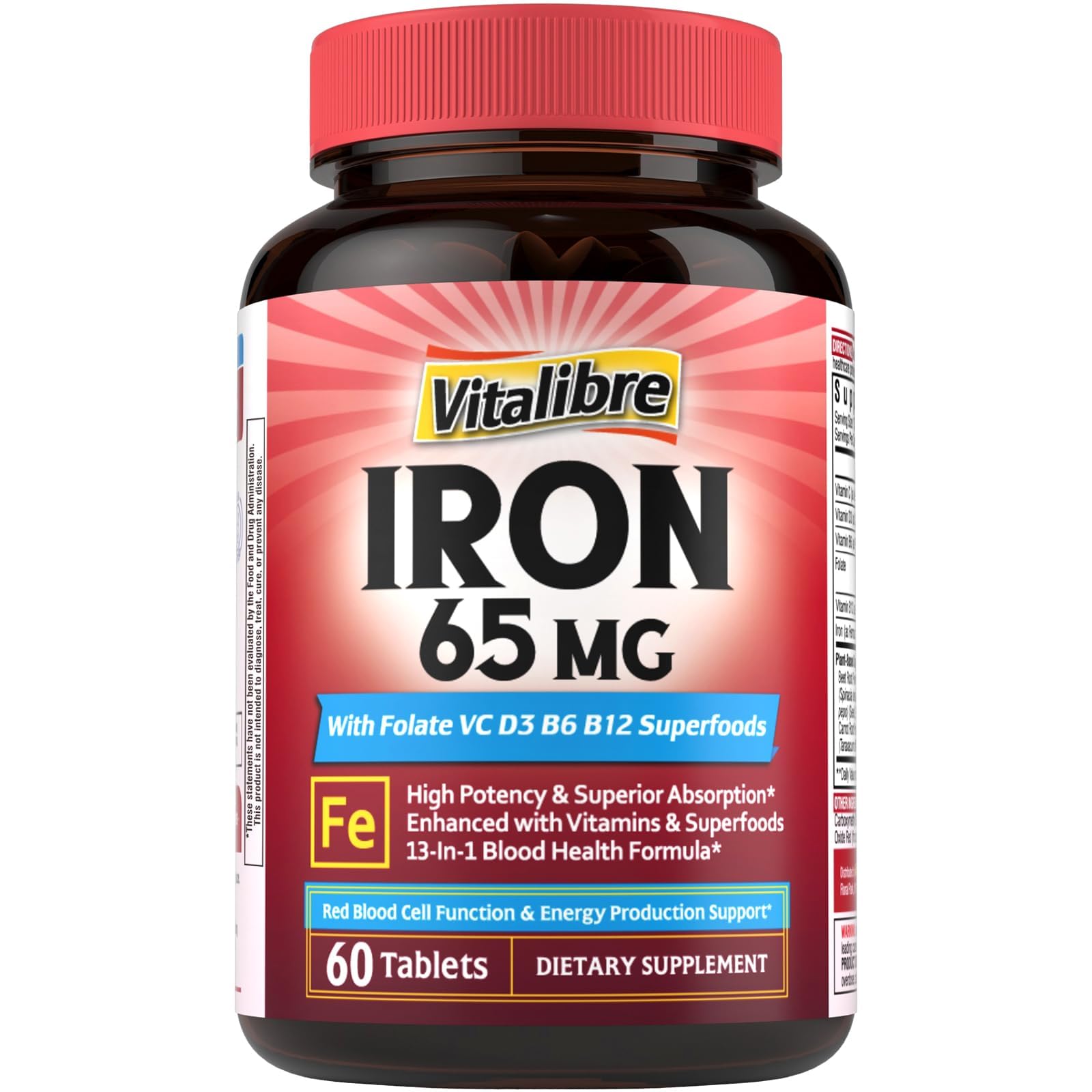 Vitalibre Iron Supplement for Women & Men 65 mg Ferrous Sulfate with Vitamin C, D3, B6, B12, Folate, Beet Root, Spinach, Pumpkin Seeds, Nettle for Red Blood Cell & Energy Production, 60 Tablets