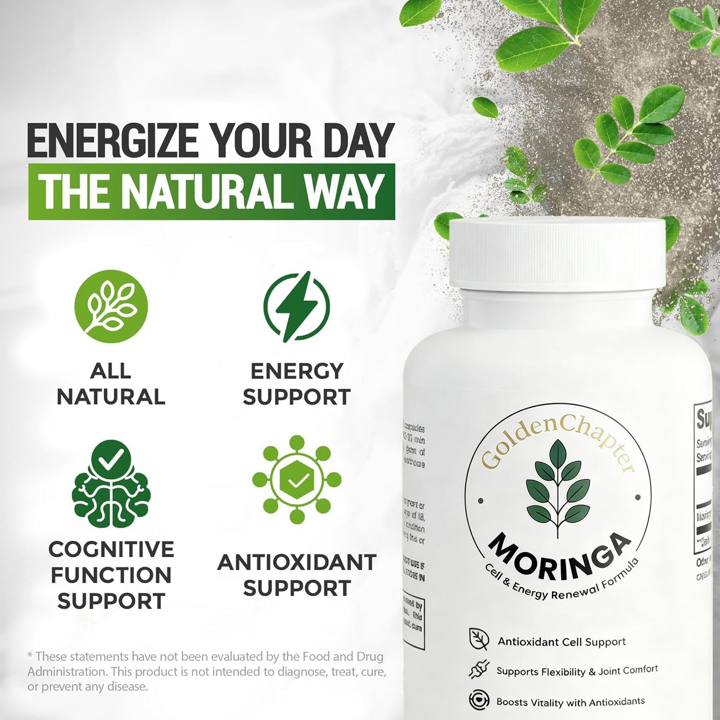 GoldenChapter Pure Moringa Capsules with Iron, Magnesium, Vitamins B12 & C, Energy Boost & Gut Health, 60 Count