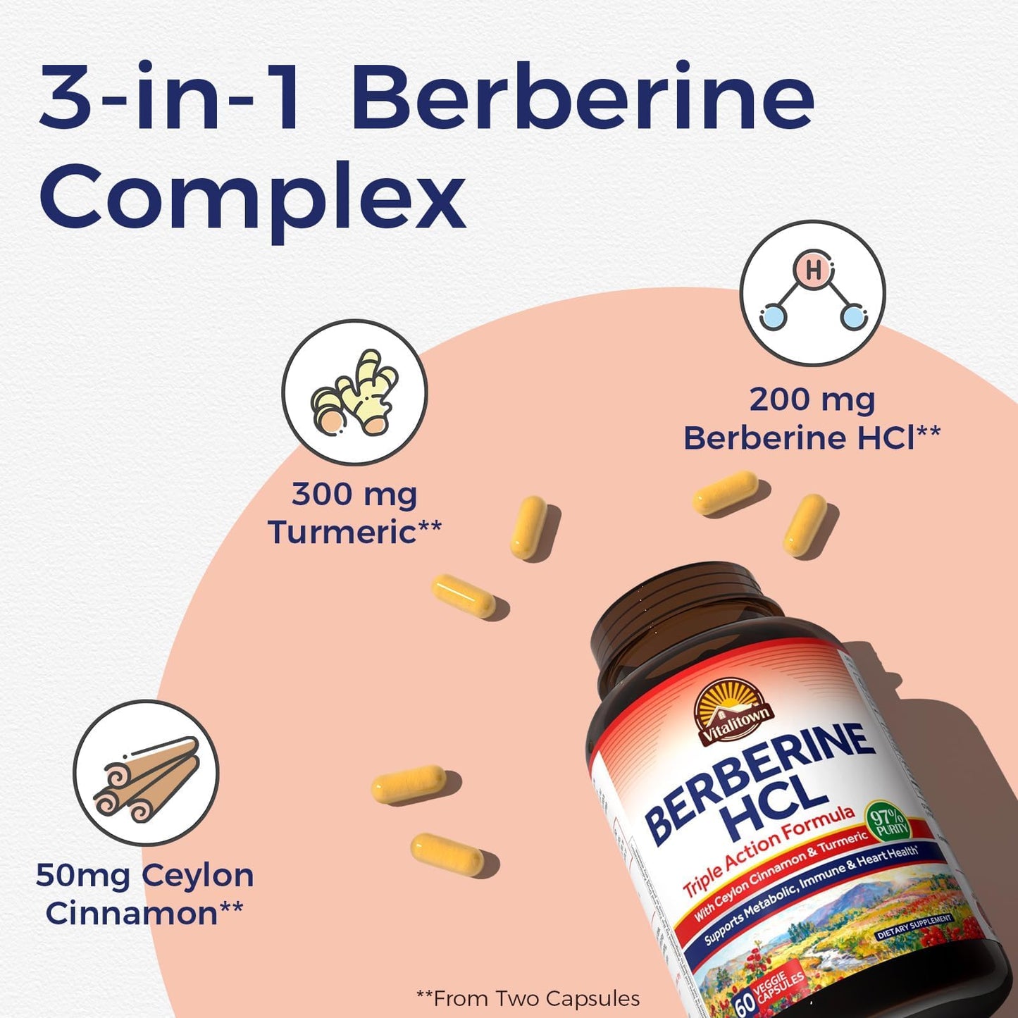 Vitalitown Berberine HCl 200mg with Ceylon Cinnamon & Turmeric, 97% Purity, Concentrated Berberine Supplement, 60 Capsules