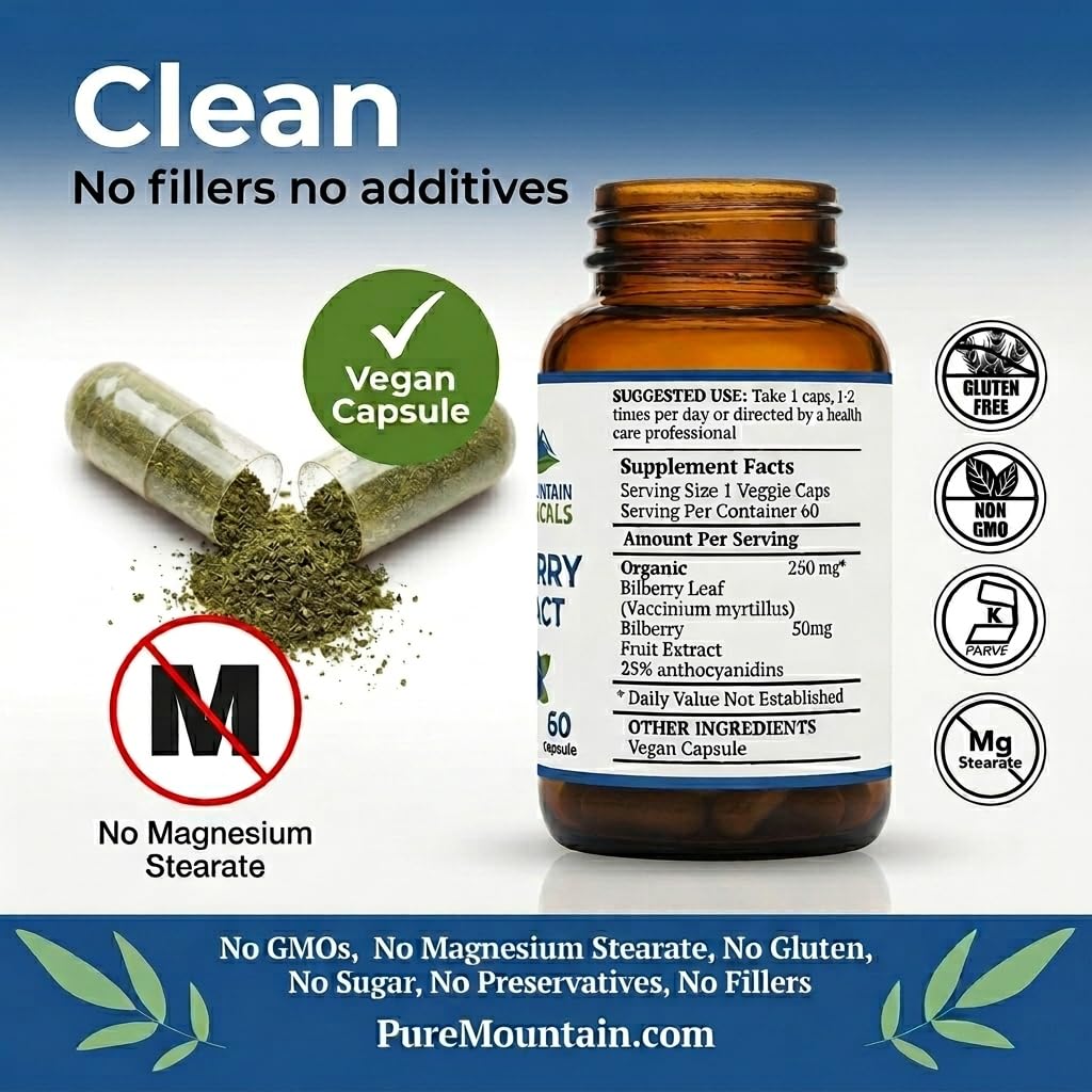 Pure Mountain Botanicals Bilberry Extract Supplement Capsules 60 Count