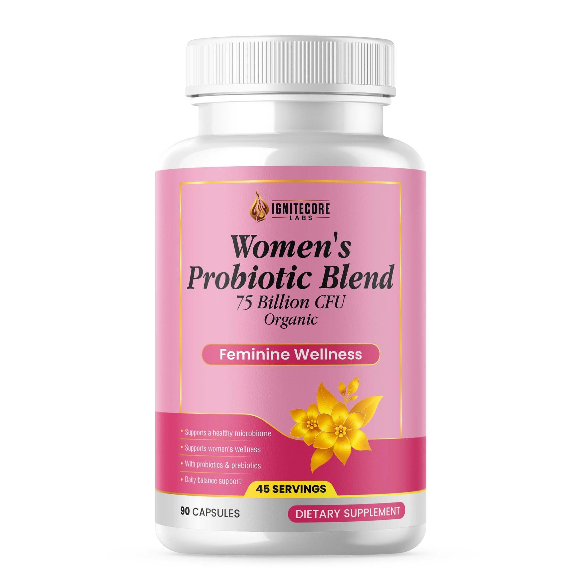 IgniteCore Labs Women's Probiotic 75 Billion CFU with Prebiotics – Vaginal Health, pH Balance & Urinary Support – Organic Cranberry, Digestive Immune Health – Non-GMO, USDA Organic, 90 Capsules