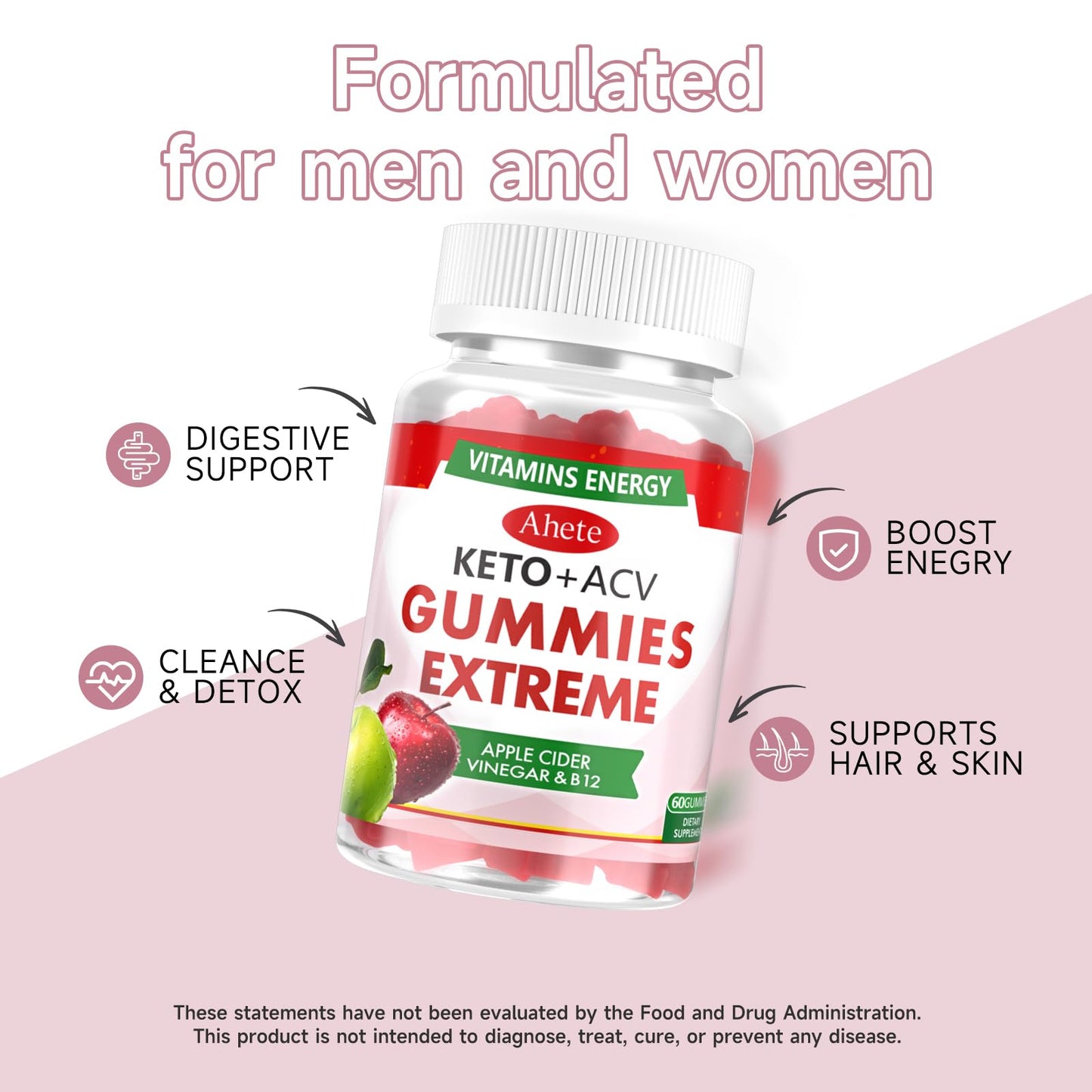 Ahete Keto + ACV Gummies Extreme, Apple Cider Vinegar with B12, Dietary Supplement with Vitamins, Energy Support 60 Count