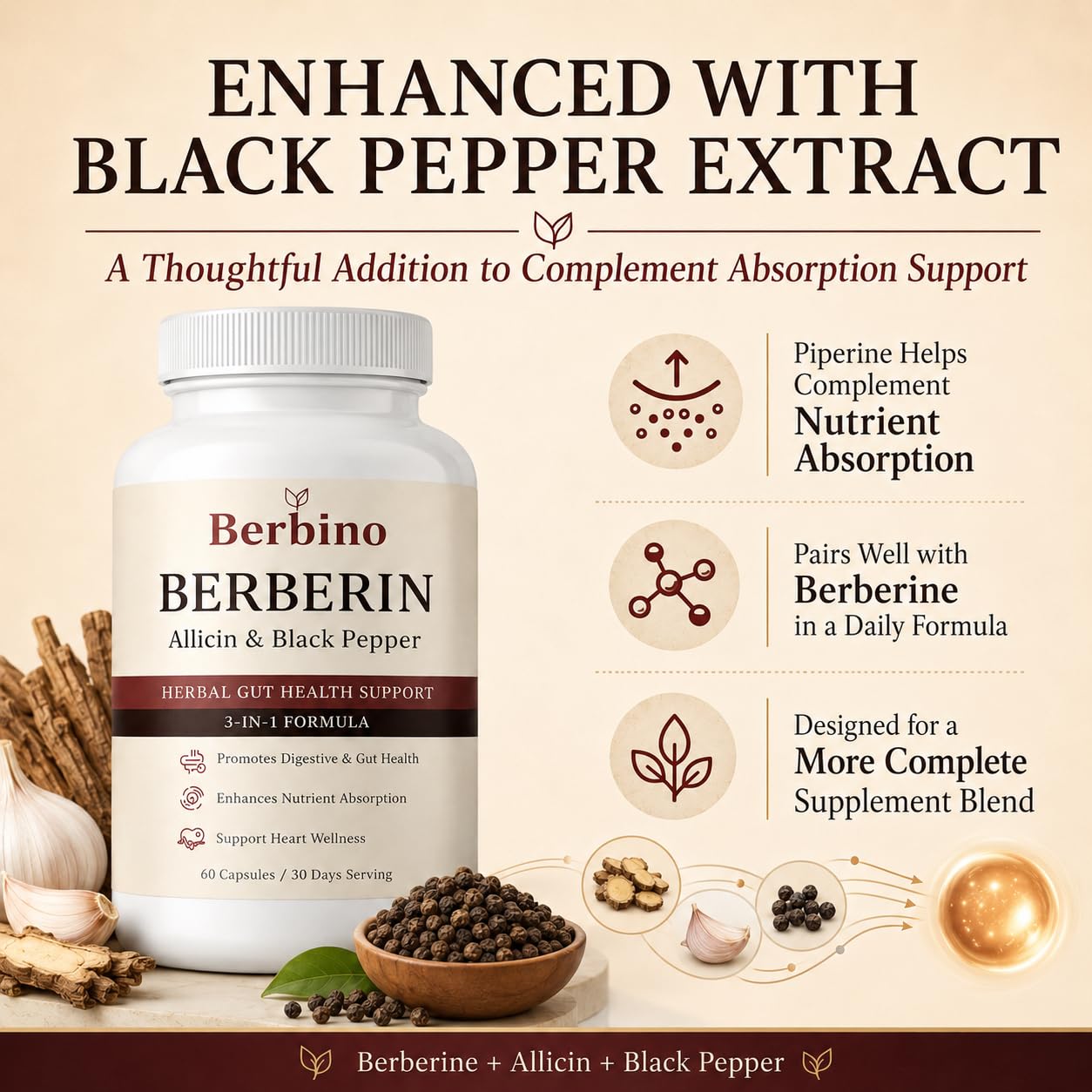 NEURODROPS Berbino Berberine Complex with Allicin & Black Pepper Extract Capsules, 60 Count