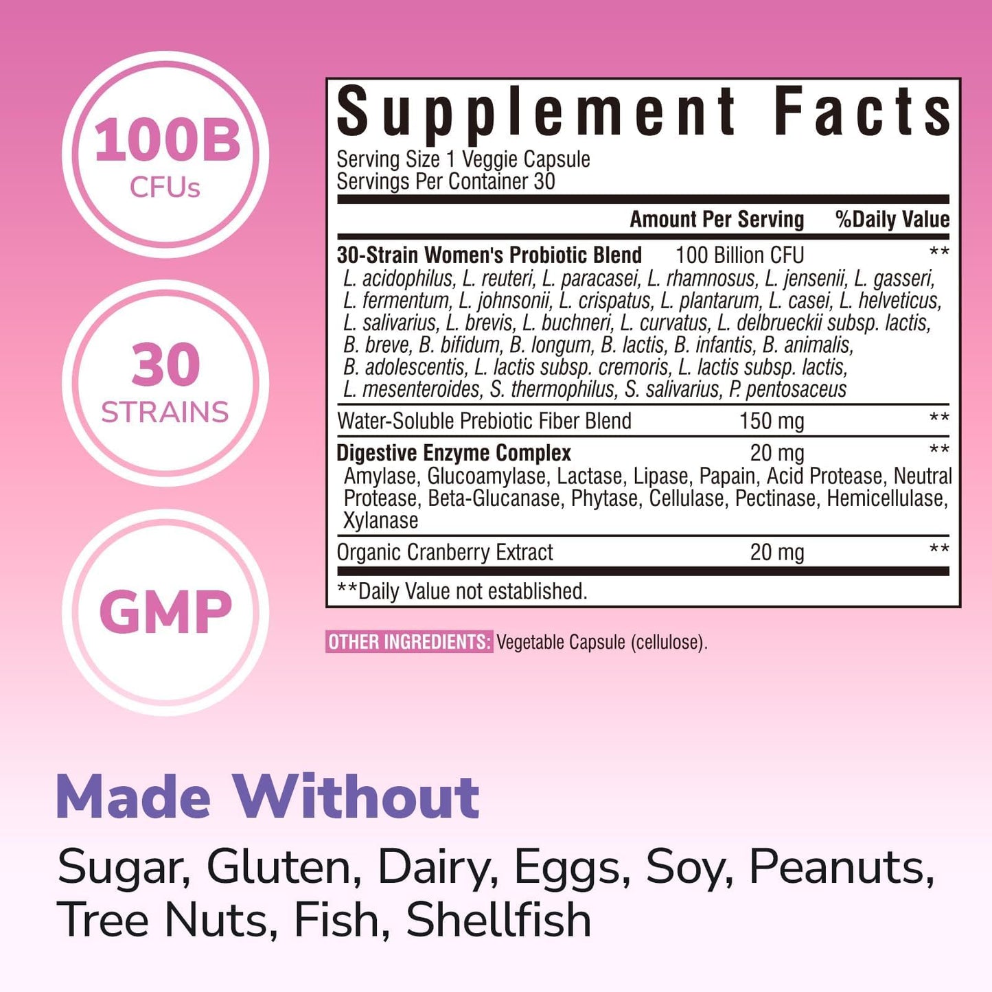 Vitalibre Probiotics for Women 30 Strains, 100 Billion CFU Vaginal Probiotics with Digestive Enzymes, Prebiotics & Cranberry for Urinary Tract Health, pH Balance, 30 Capsules