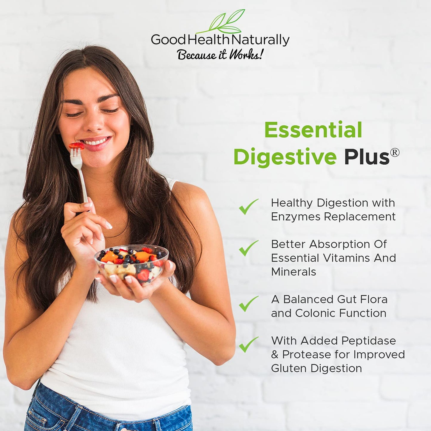 GOOD HEALTH NATURALLY BECAUSE IT WORKS! Essential Digestive Plus New Improved Formula for Improved Gluten Digestion Capsules, 45 Count