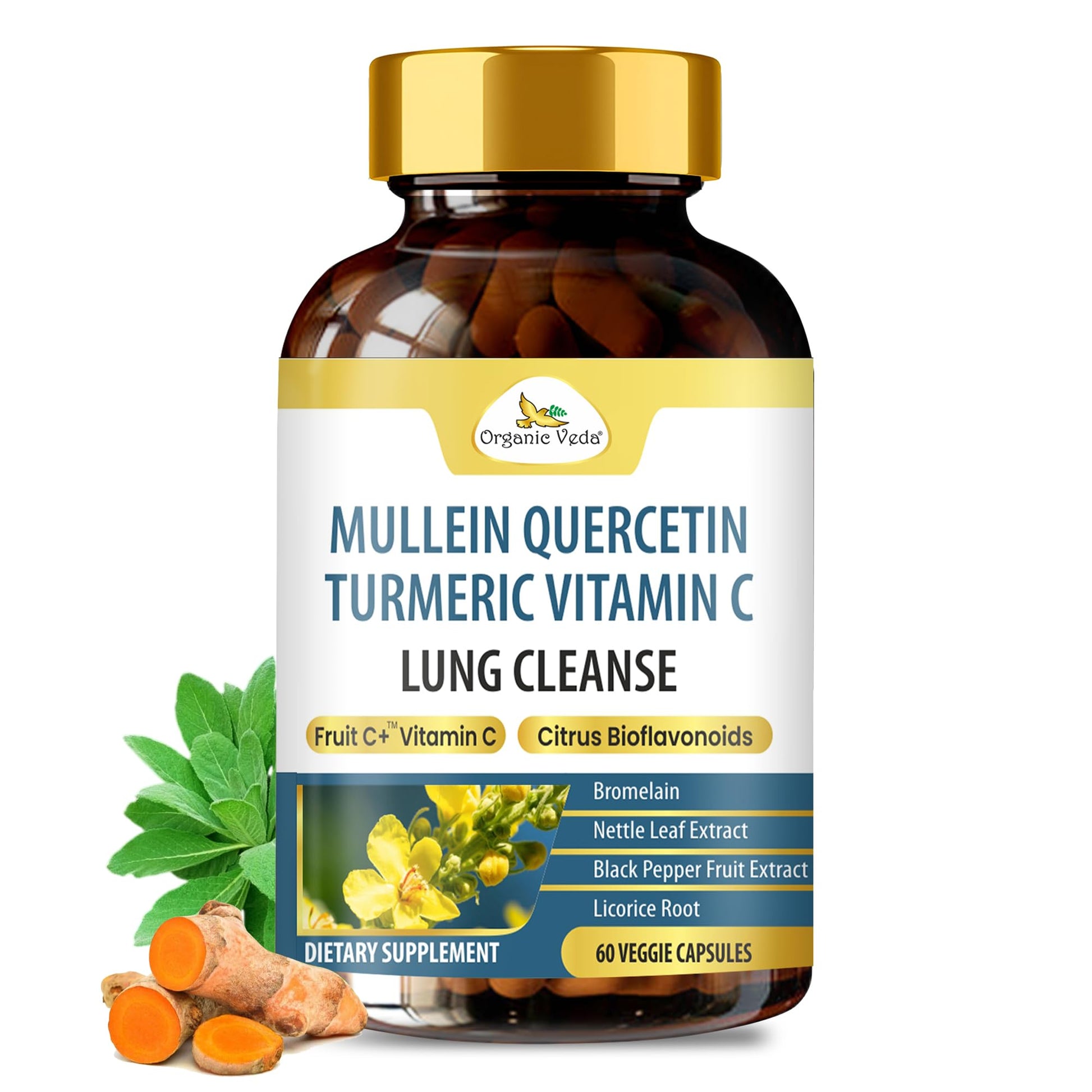 Organic Veda Mullein Quercetin Turmeric Lung Cleanse Capsules, 60 Count