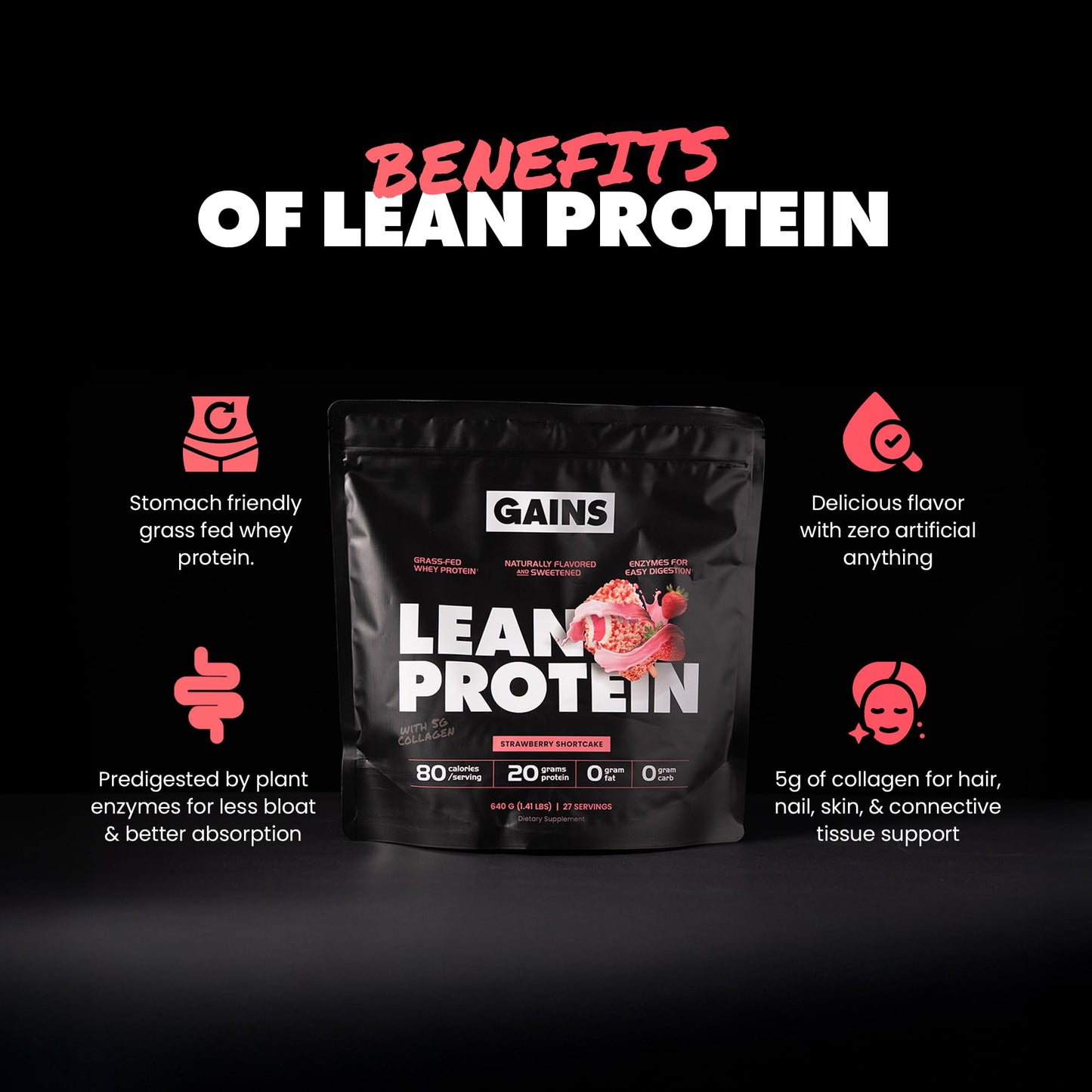 Gains in Bulk Lean Grass-Fed Whey Protein Powder With Collagen Peptides, 27 Servings