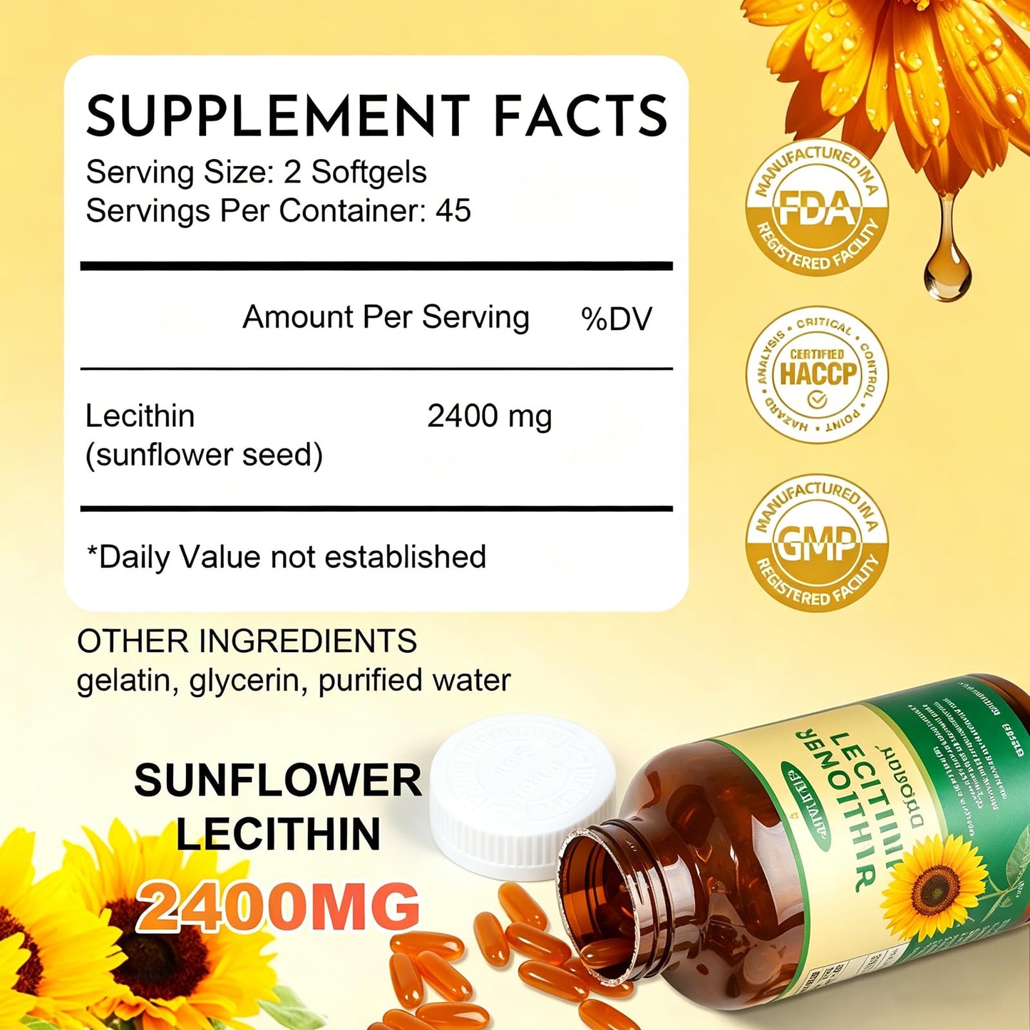 ZiranElf Sunflower Lecithin 2400mg Softgels, 90 Count