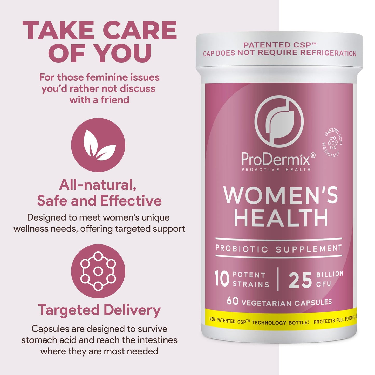 PRODERMIX Probiotics for Women Vaginal Probiotic PH Balance UT Health 25 Billion CFU Once Daily Women's Supplement Kosher 60 Capsules