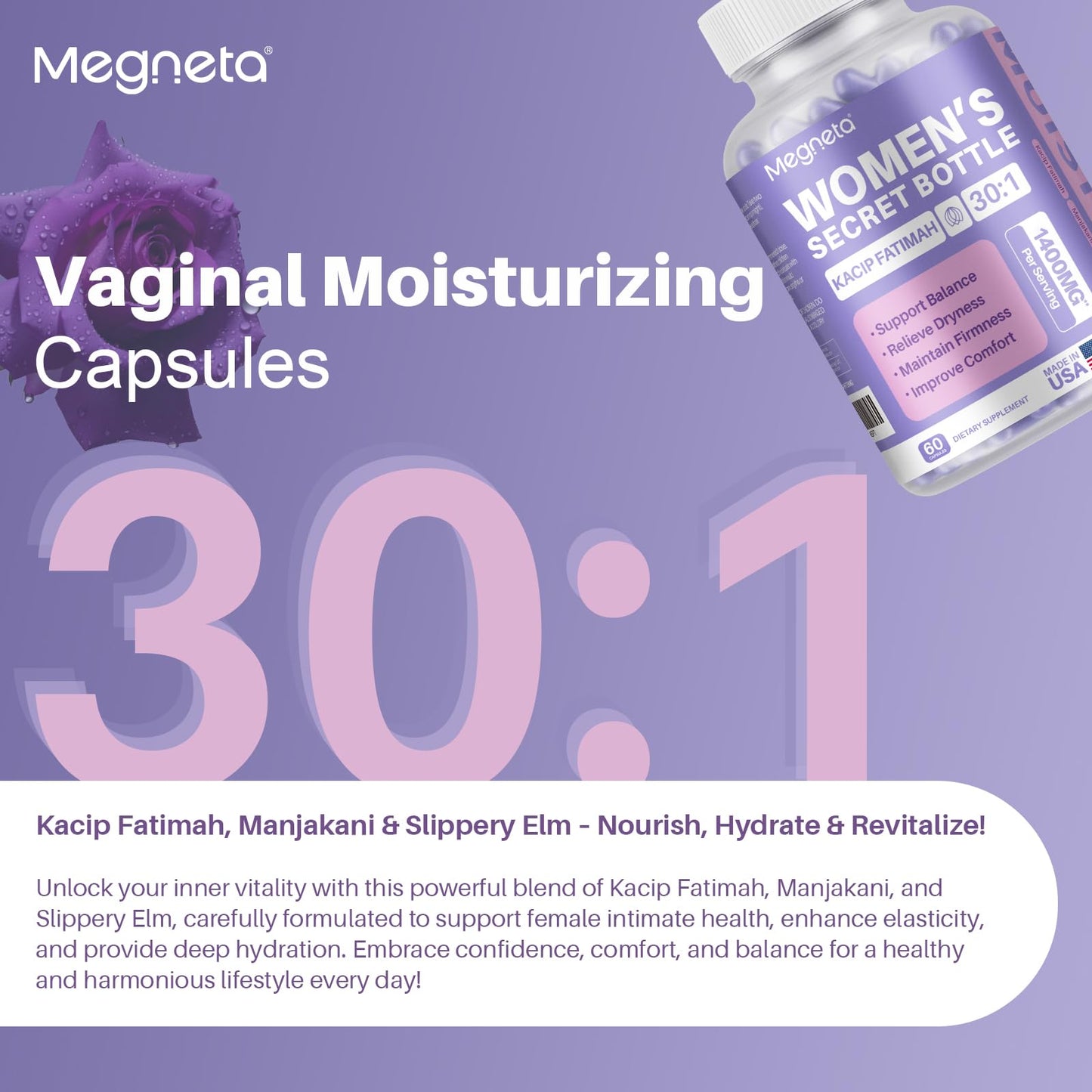 MEGNETA Advanced Feminine Wellness Supplement – Herbal Blend with Kacip Fatimah, Fenugreek, Slippery Elm Bark, Manjakani, 60 Capsules