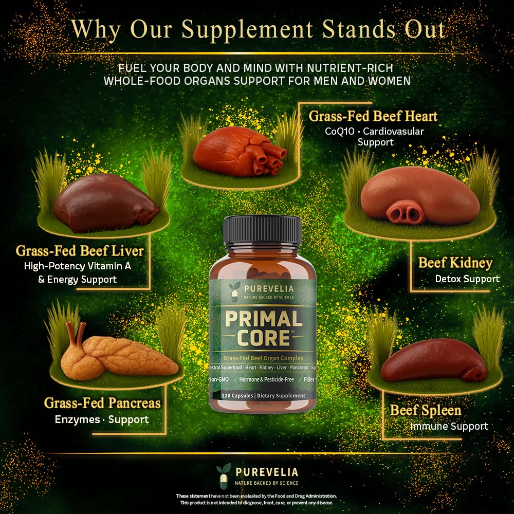 Purevelia Primal Core Grass-Fed Beef Organ Complex Capsules, 120 Count