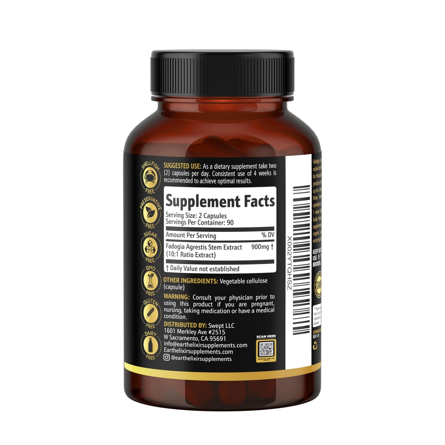 Earth Elixir Fadogia Agrestis Supplement 900mg Capsule, 180 Count