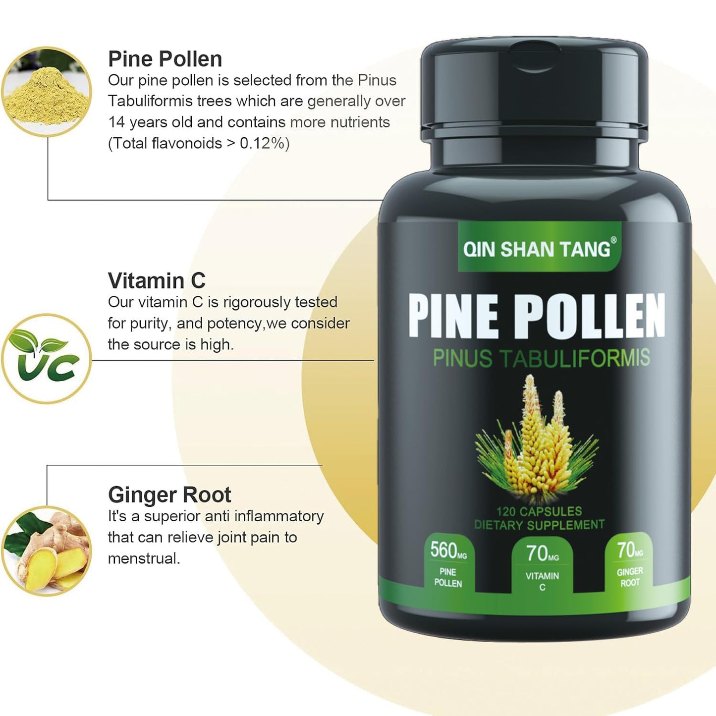 QIN SHAN TANG Pine Pollen Supplement with Ginger Root and Vitamin C, 99% Cracked Cell Wall, Capsules, 120