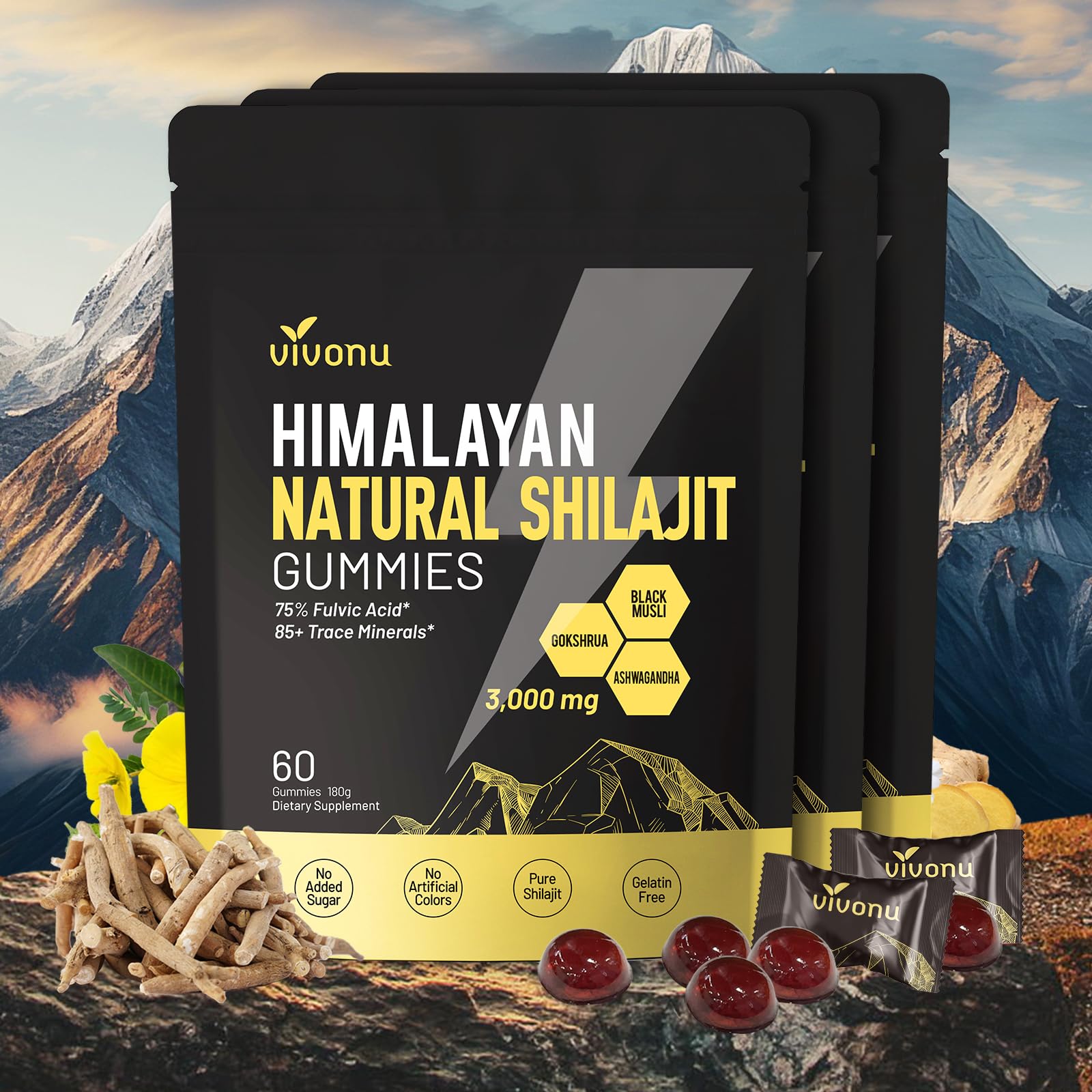 VivoNu Shilajit Gummies with Ashwagandha & Gokshura, 60 Gummies