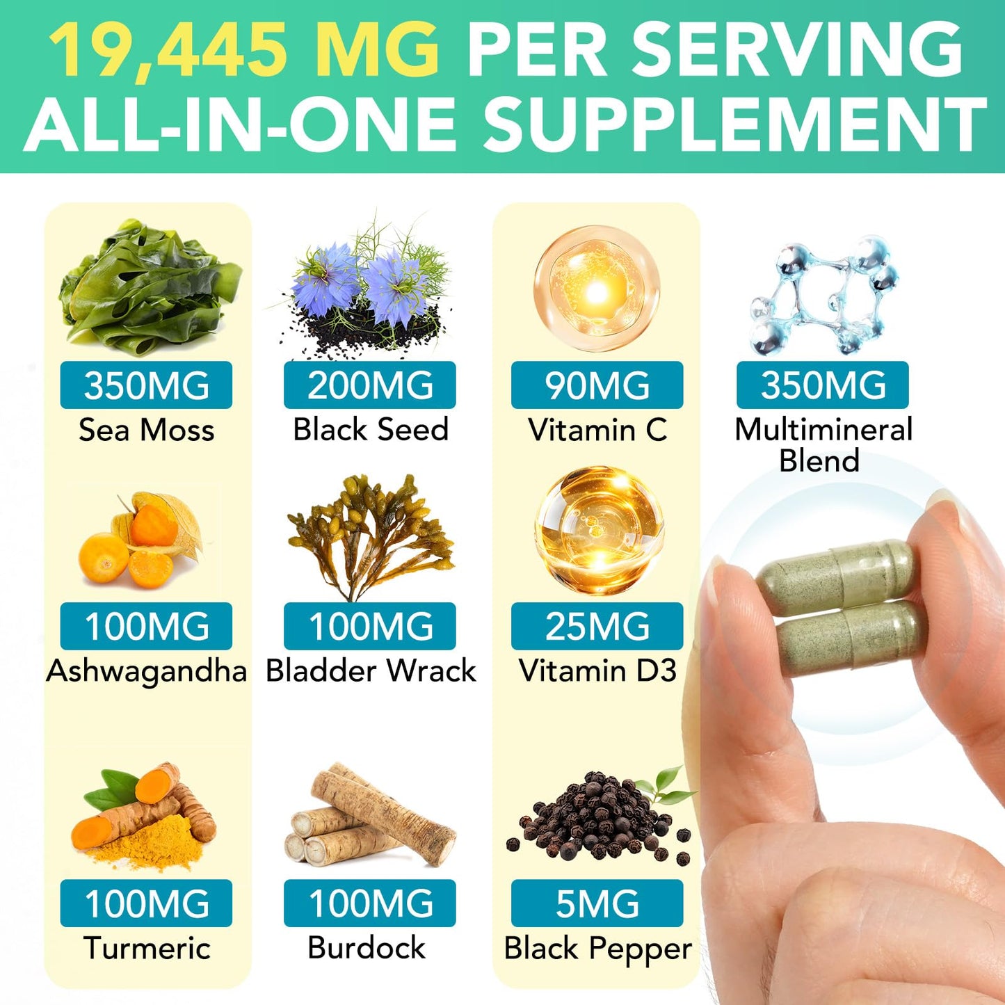 AIQIUSHA Sea Moss Black Seed Oil with Ashwagandha Ginger Turmeric Burdock Root Bladderwrack 60 Capsules