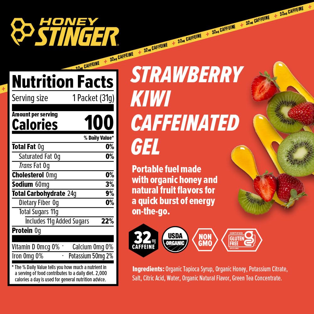 Honey Stinger Strawberry Kiwi Energy Gel, Caffeinated & Gluten Free with Organic Honey, for Exercise, Running and Performance, Sports Nutrition for Home & Gym, Pre and Mid Workout, 24 Pack