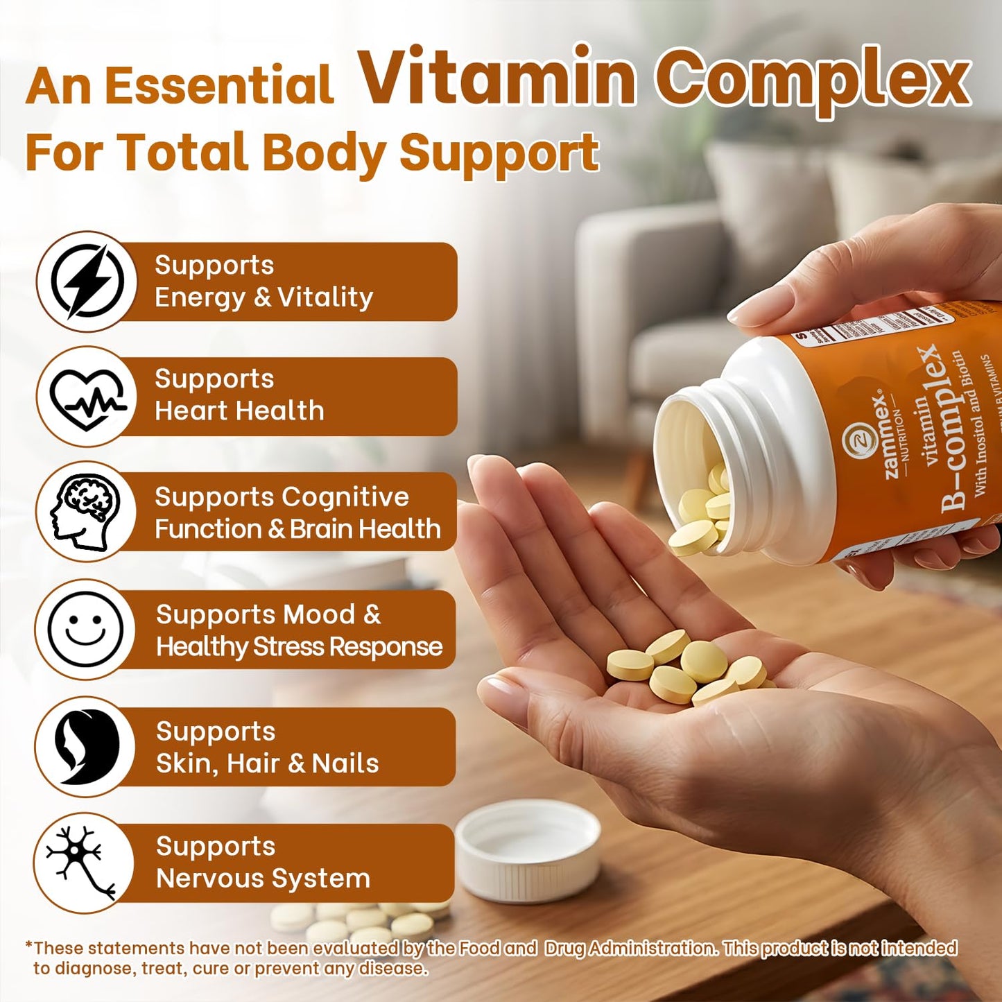 Zammex Vitamin B Complex with Inositol and Biotin – Full Spectrum B Vitamins B1 B2 B3 B6 B12, Non-GMO, Vegan-Friendly – 60 Tablets