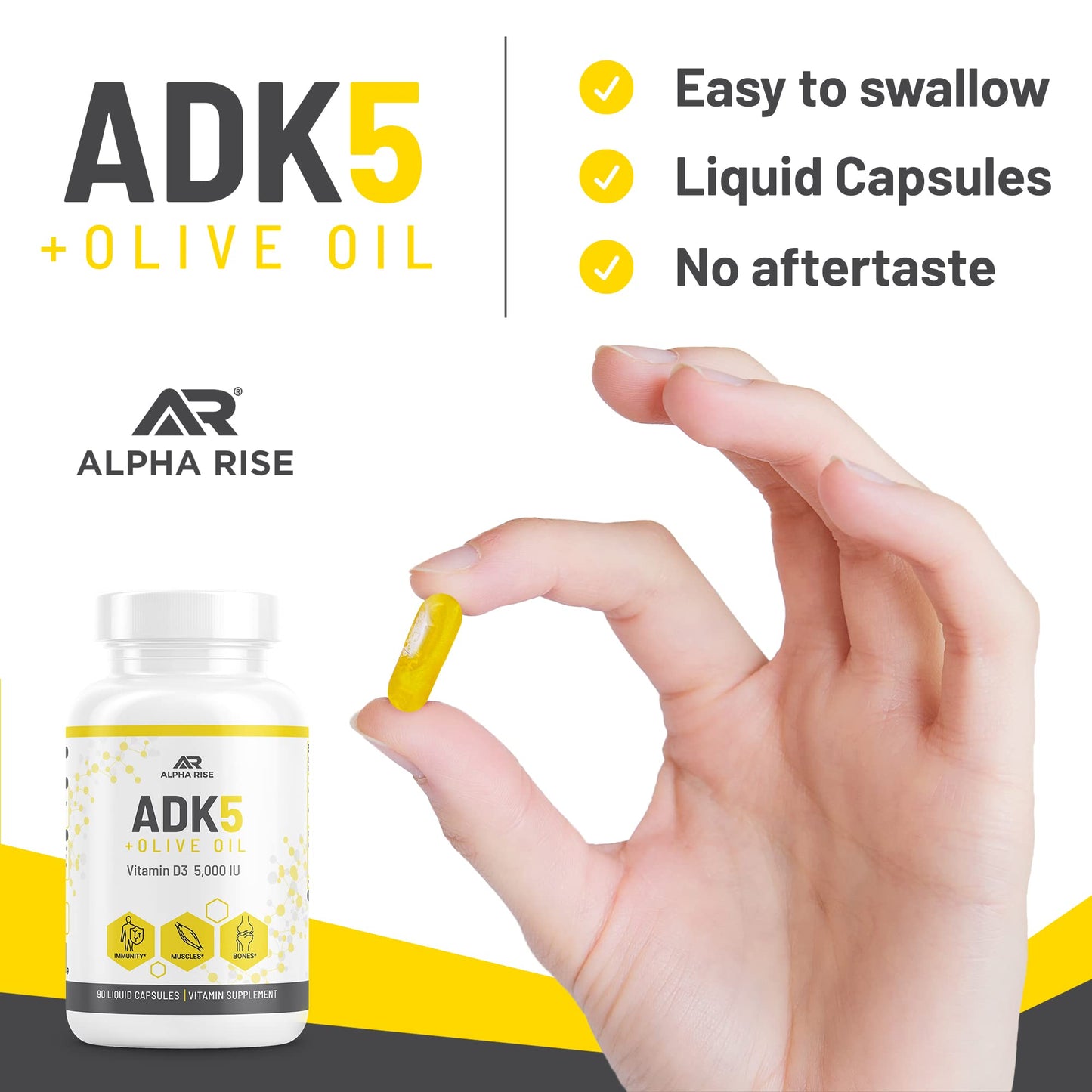ALPHA RISE ADK Vitamin D3 + K2 with Olive Oil Capsules, 90 Count