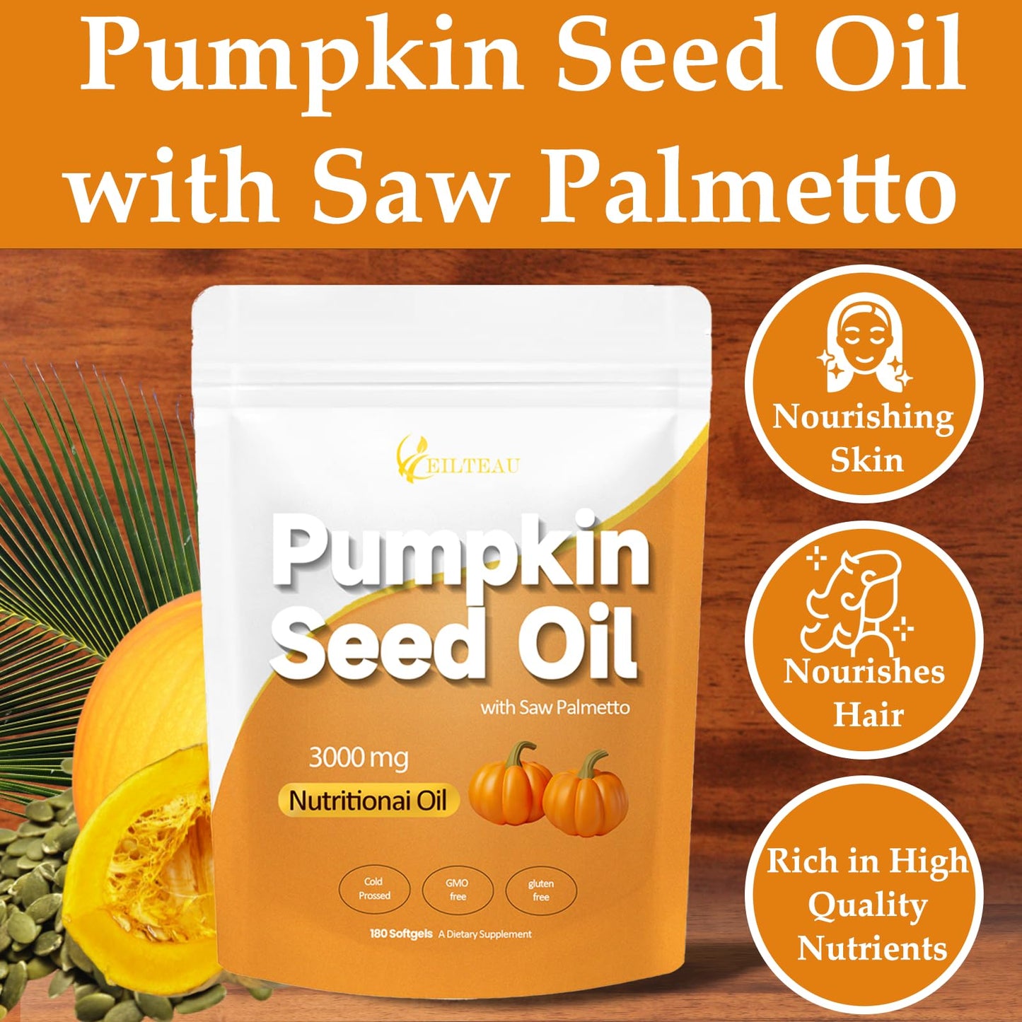 EILTEAU Pumpkin Seed Oil with Saw Palmetto Capsule, 180 Count