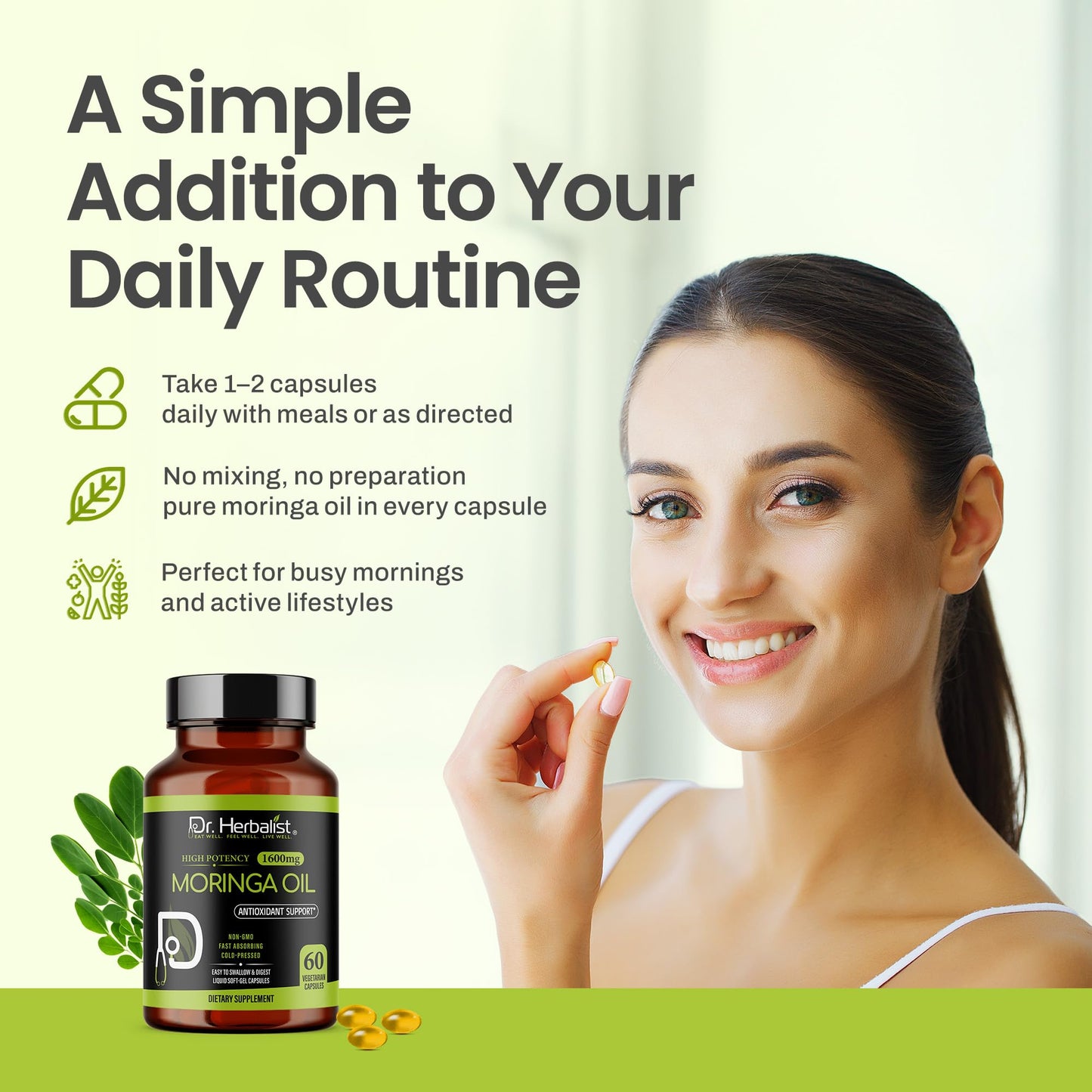 Dr. HERBALIST Moringa Oil Capsule 1600mg, Cold Pressed, Halal, 60 Count