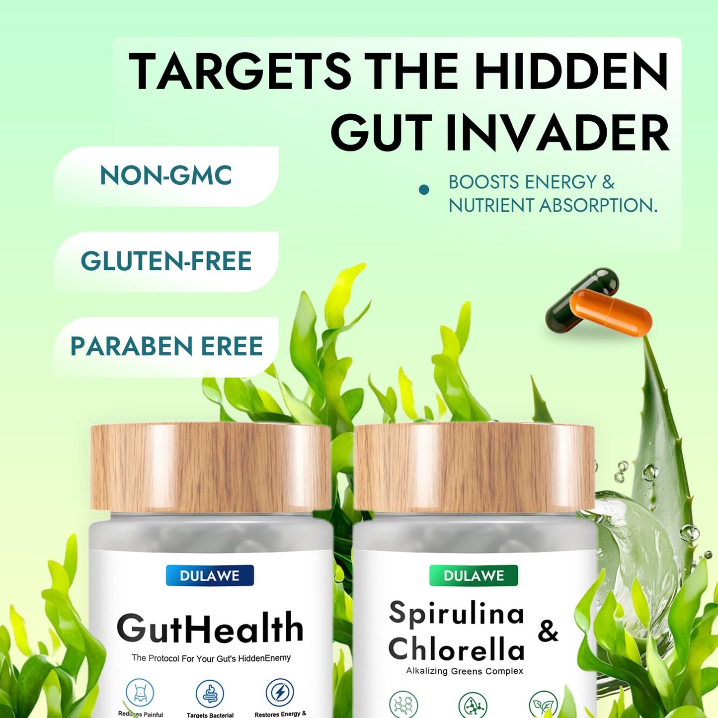 TakTuqa Dulave Gut Health & Spirulina Chlorella Bundle – Probiotics, Digestive Enzymes & Greens – Supports Digestion, Energy, Immune Health – Non-GMO, 120 Capsules