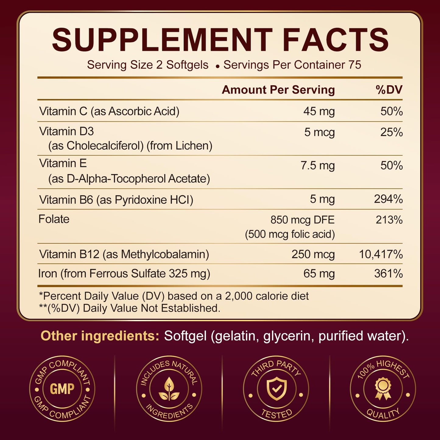 Navobary Iron with Multivitamin 65mg Iron + Vitamin C, D3, E, B6, B12 & Folate for Energy & Red Blood Cell Support Softgels 150