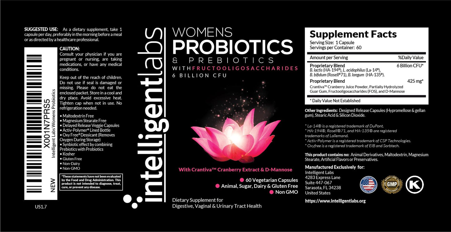 Intelligent Labs Women's Probiotics & Prebiotics Vaginal & Urinary Support Capsule, 60 Count