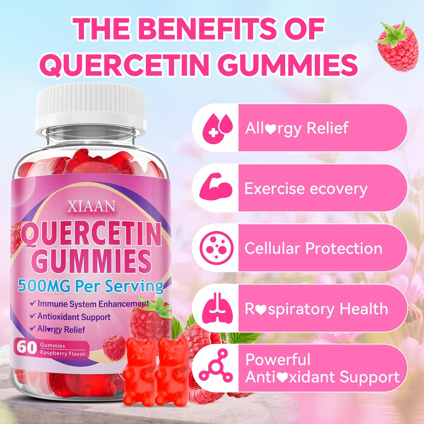 XIAAN Quercetin Gummies 500mg for Kids & Adults, Organic Quercetin Supplements with Bromelain Zinc Vitamin C and D3 Support Antioxidant & Immune System Health, Raspberry Flavor, 60 Gummies