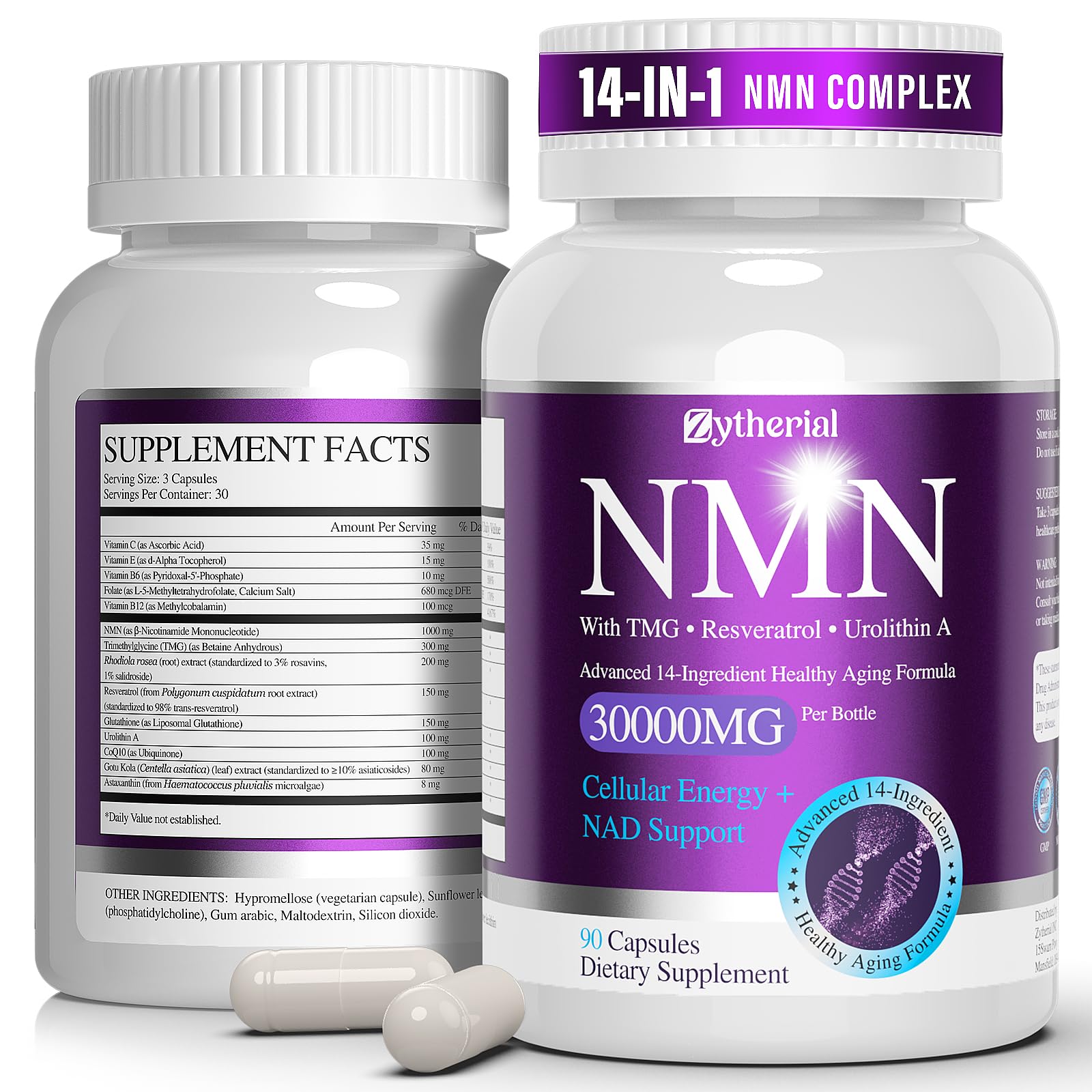 Zytherial NMN Supplement 1000mg Per Serving, 14-in-1 with TMG, Urolithin A, Resveratrol, Glutathione, Gotu Kola, NMNH Alternative & NAD+ Precursor, Supports Energy & NAD+ Level, Capsule, 90 Count