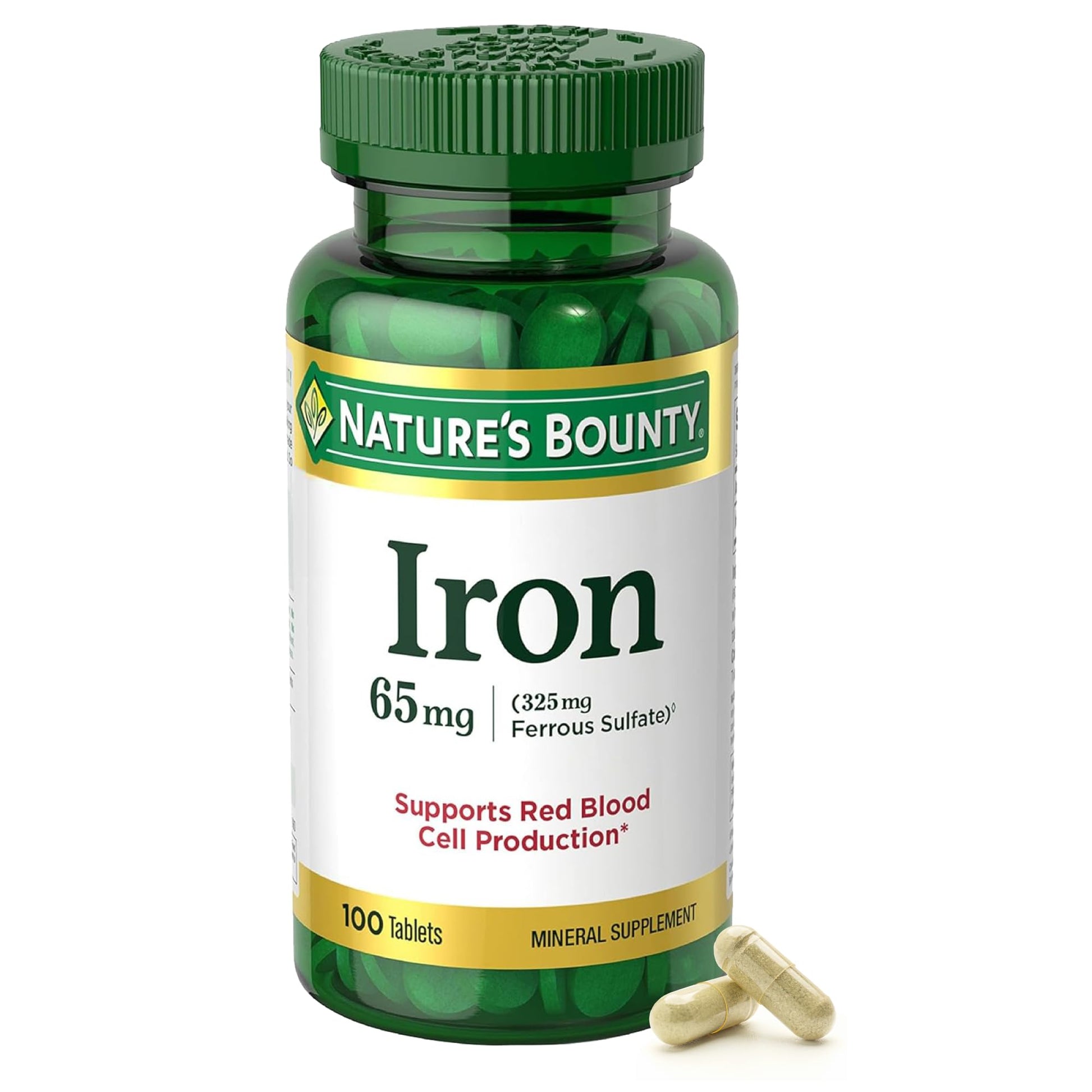 Nature's Bounty Iron 65 mg Ferrous Sulfate Tablets, 100 Count