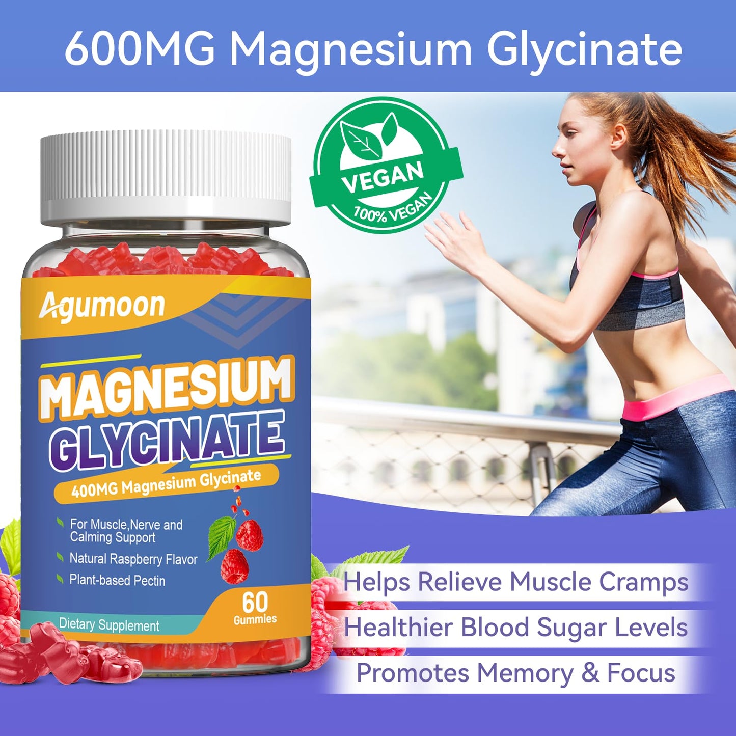 Agumoon Magnesium Glycinate Gummies Raspberry, 60 Count