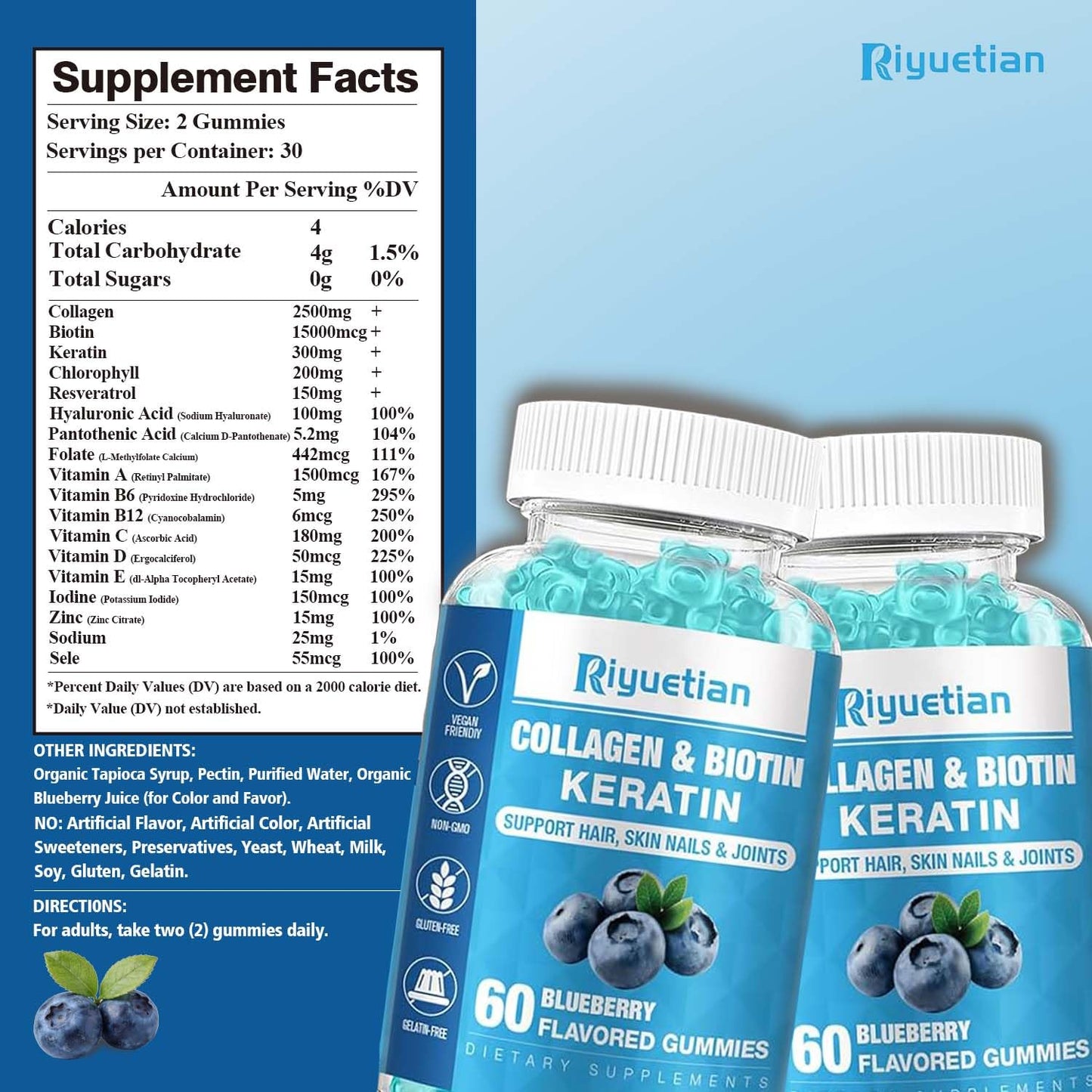 Riyuetian Biotin Gummies 15000mcg with Collagen for Adults, 60 Count