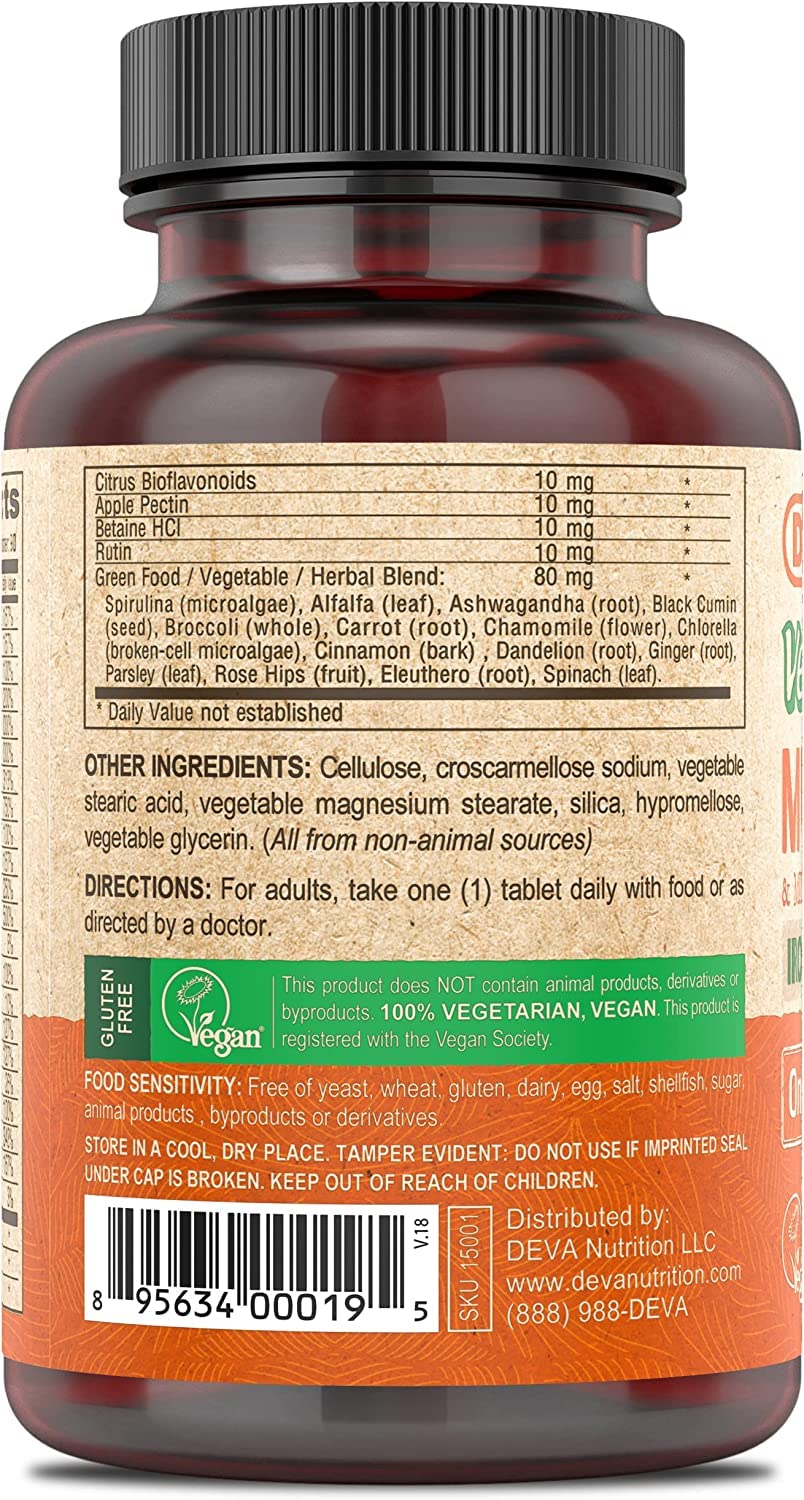 DEVA Vegan Multivitamin and Mineral Supplement with Iron Free, 90 Tablets