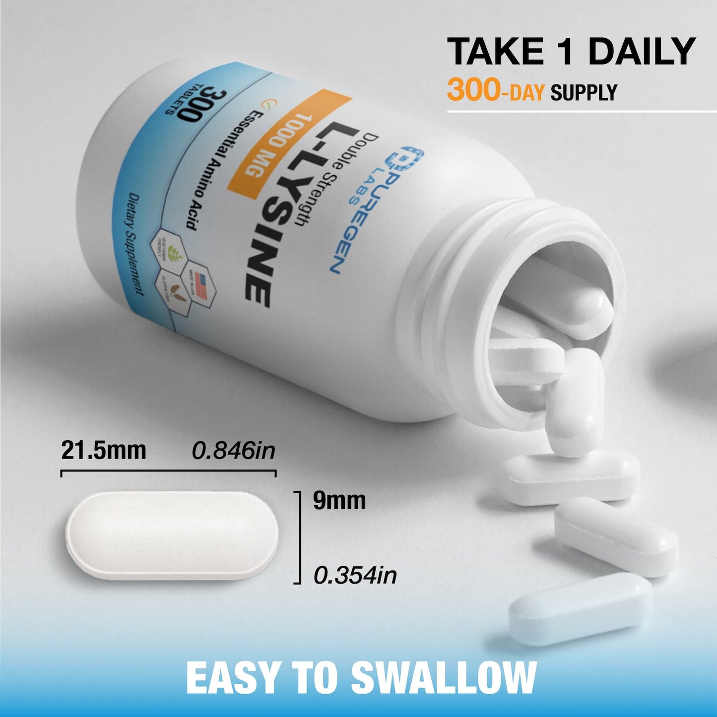 P Puregen Labs L-Lysine Extra Strength 1000 mg per Tablet, 300 Tablets