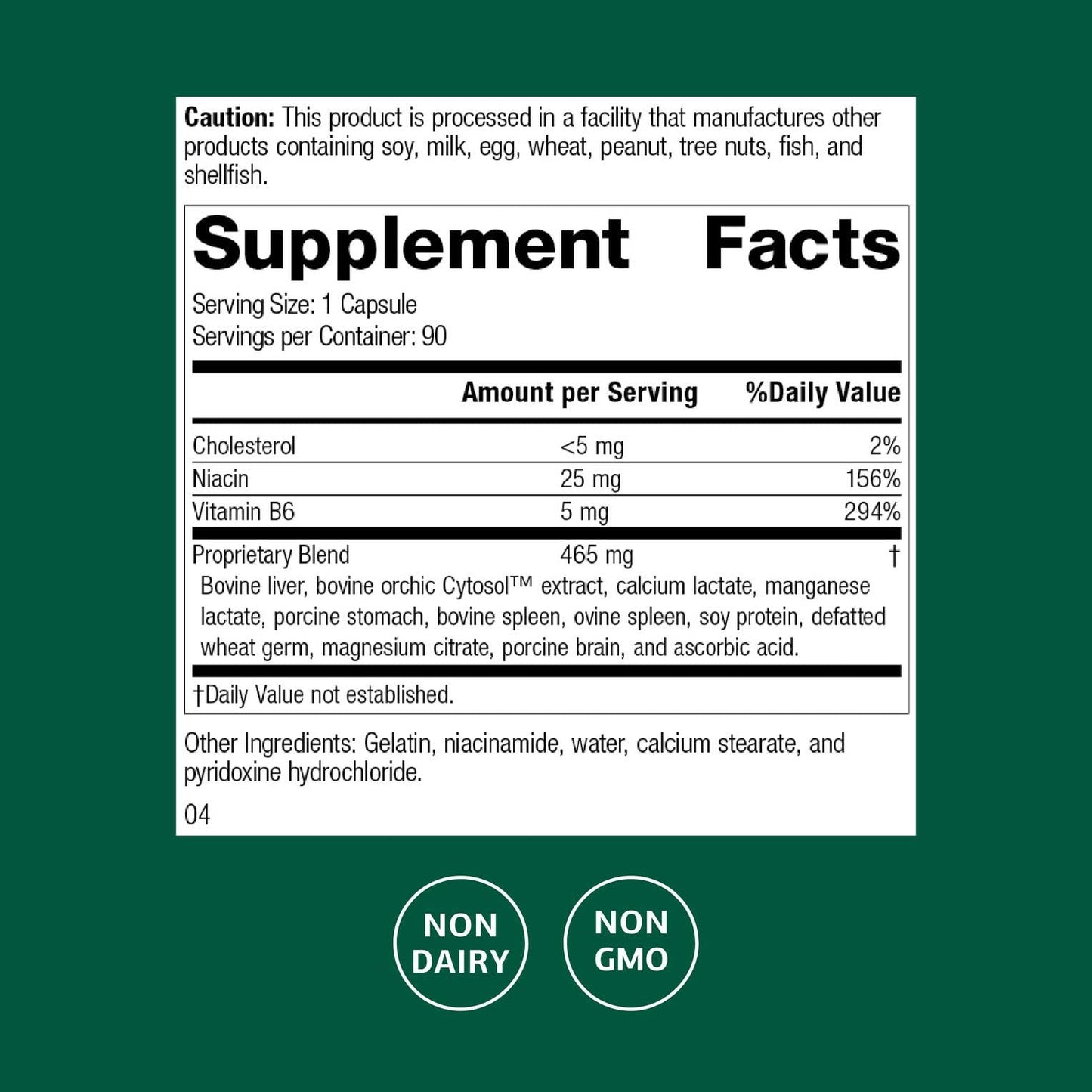 Standard Process Inc Orchex Nervous System Care Supplement - Excellent Source of Niacin and Vitamin B6 - Non-Dairy & Whole Food-Based Capsule, 90 Capsules