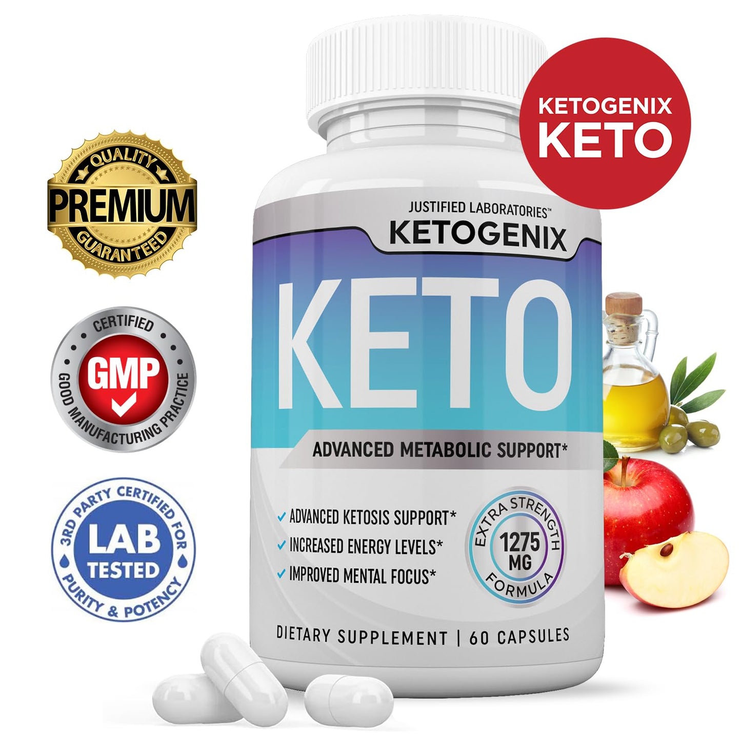 Justified Laboratories Ketogenix Keto Pills 1275MG Capsules, 60 Count