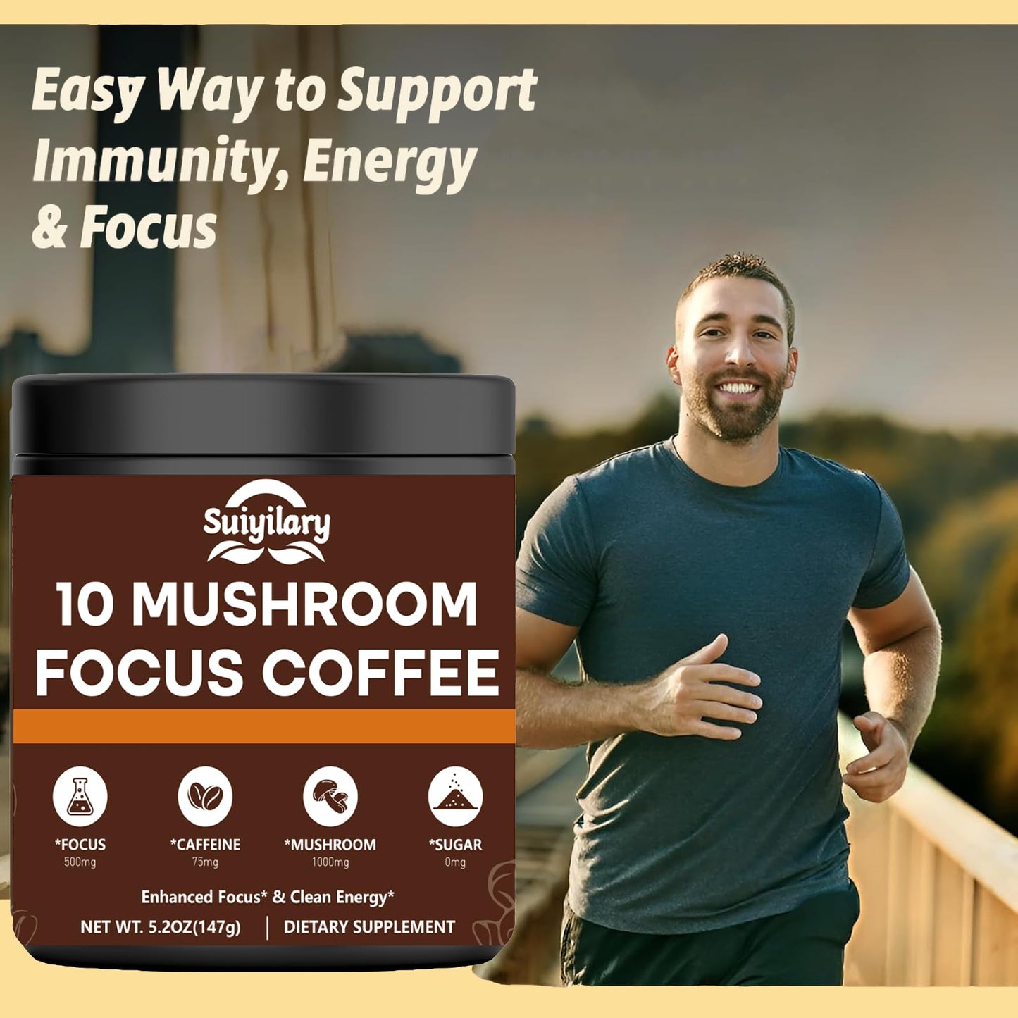 Suiyilary Mushroom Coffee with Focus Lion's Mane Extract Blend, Instant Coffee for Energy, Focus, Memory and Immunity, Powder, 5.2 oz