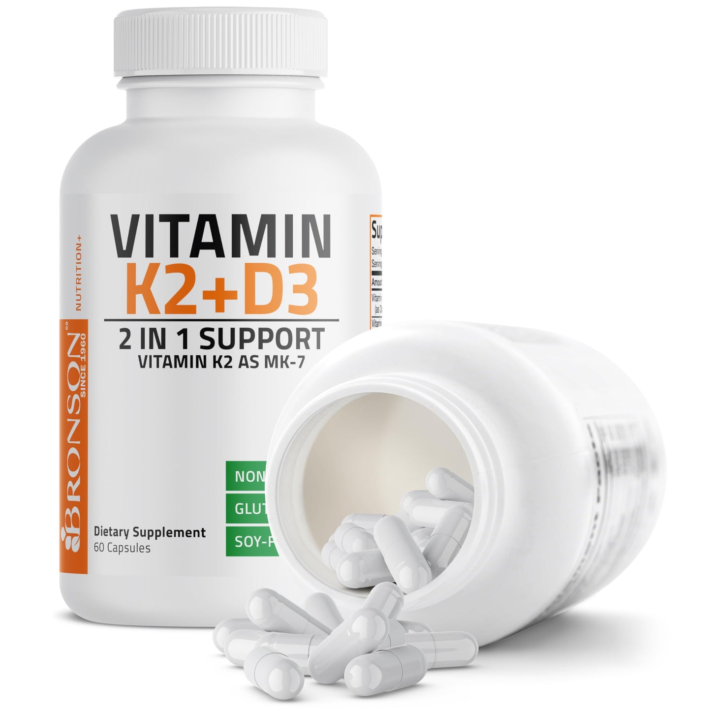 Bronson Vitamin K2 D3 (MK7) Supplement 2-in-1 D3 & K2 Complex Capsules, 60 Capsules