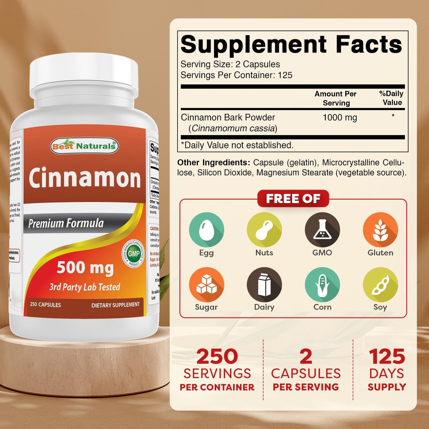 Best Naturals Cinnamon 500 mg Capsules, 250 Count