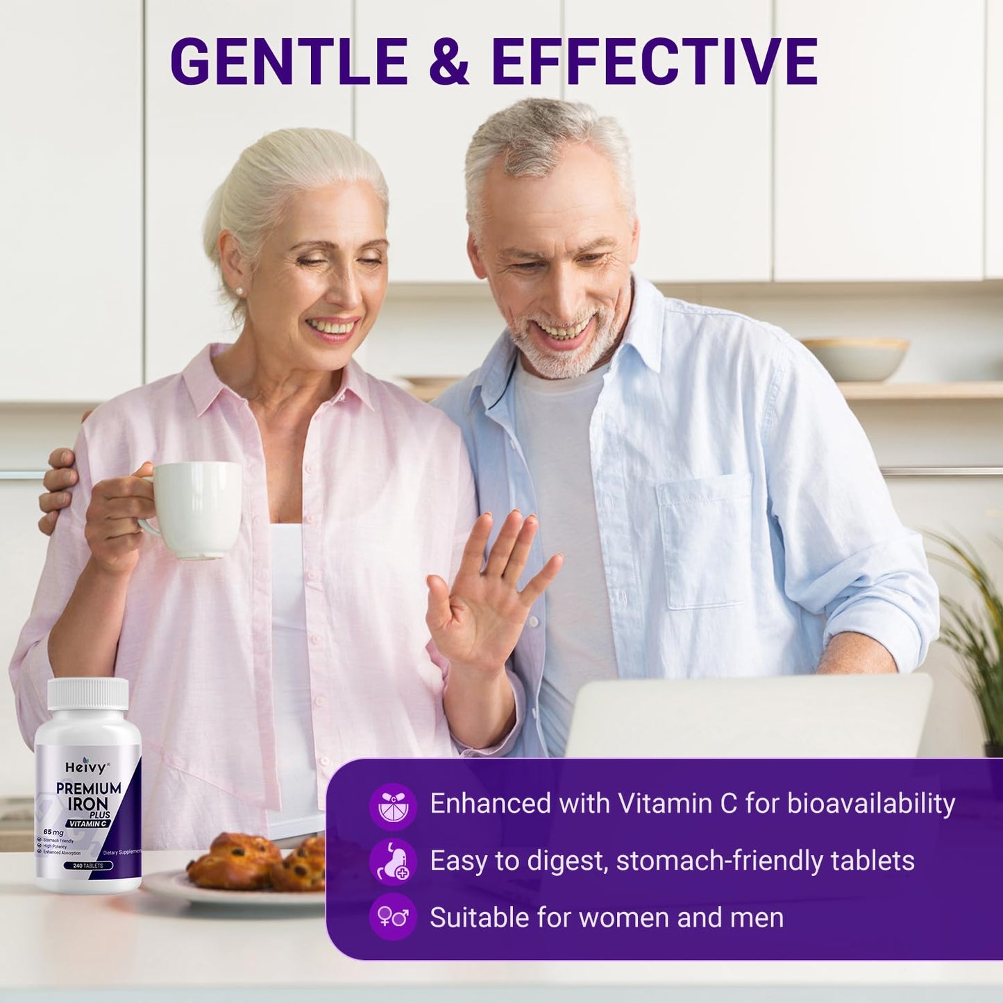 Heivy Ferrous Sulfate 325mg, Iron 65mg, Iron with Vitamin C – High Potency Iron Supplement for Women & Men, Gentle on Stomach, 240 Tablets