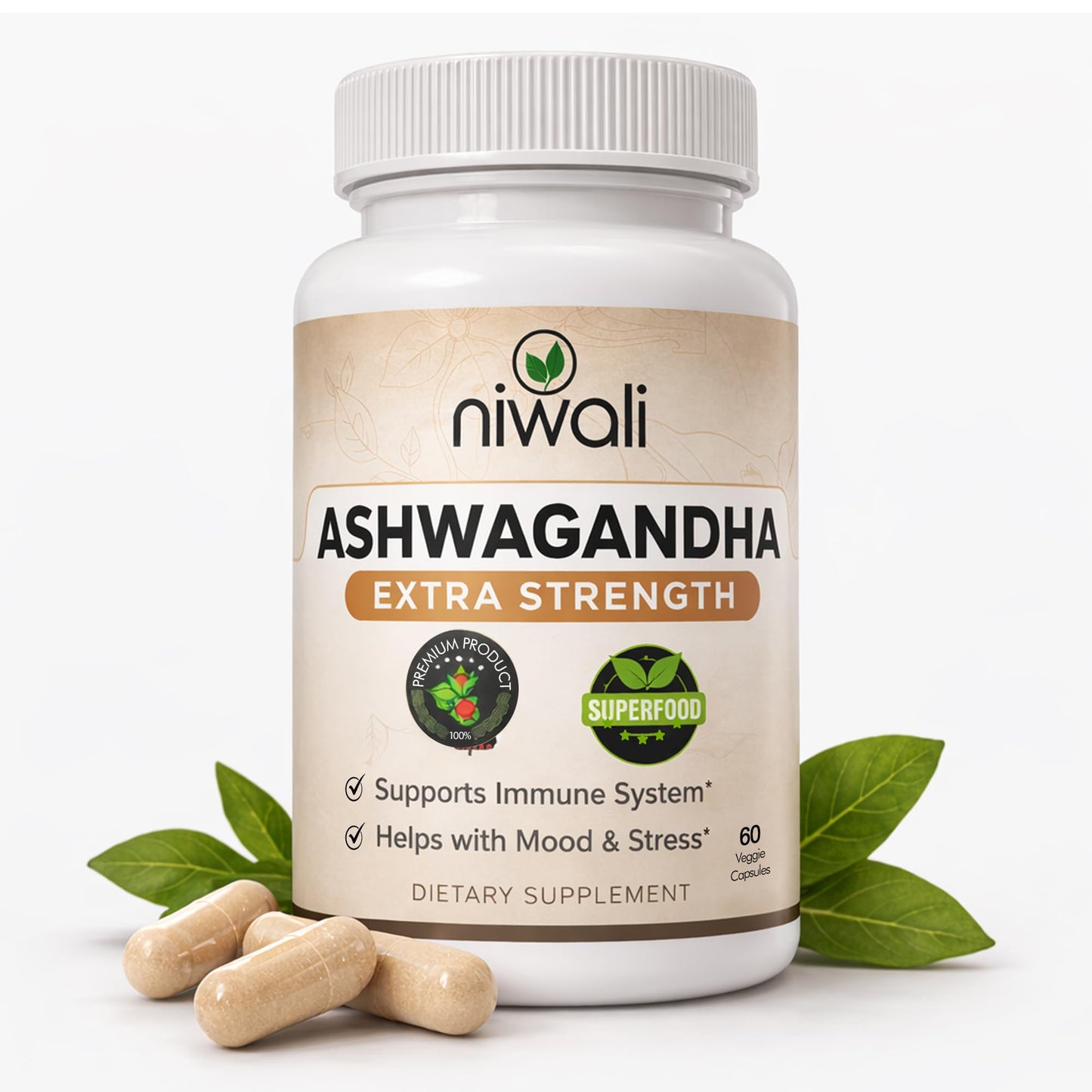 NIWALI Organic Ashwagandha Capsules 1405 mg Extra Strength 60 Capsules