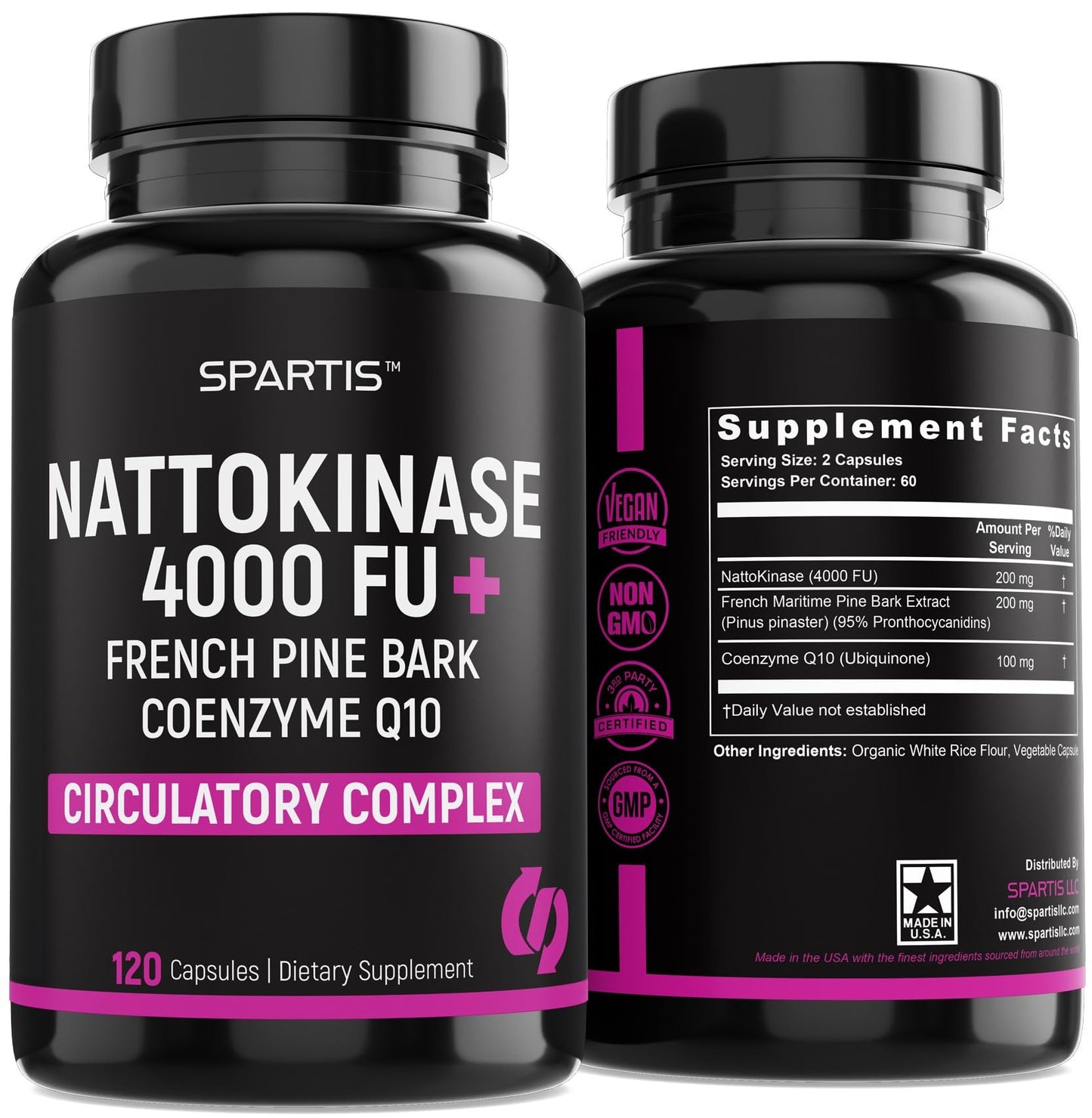 SPARTIS Nattokinase Supplement 4000 FU CoQ10 100mg French Maritime Pine Bark Extract 200mg with Enzymes Capsule 120 Count