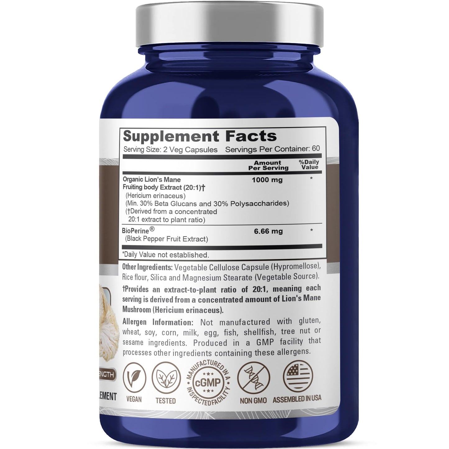 NusaPure Lions Mane Capsules 1000 mg, 120 Veg Capsules