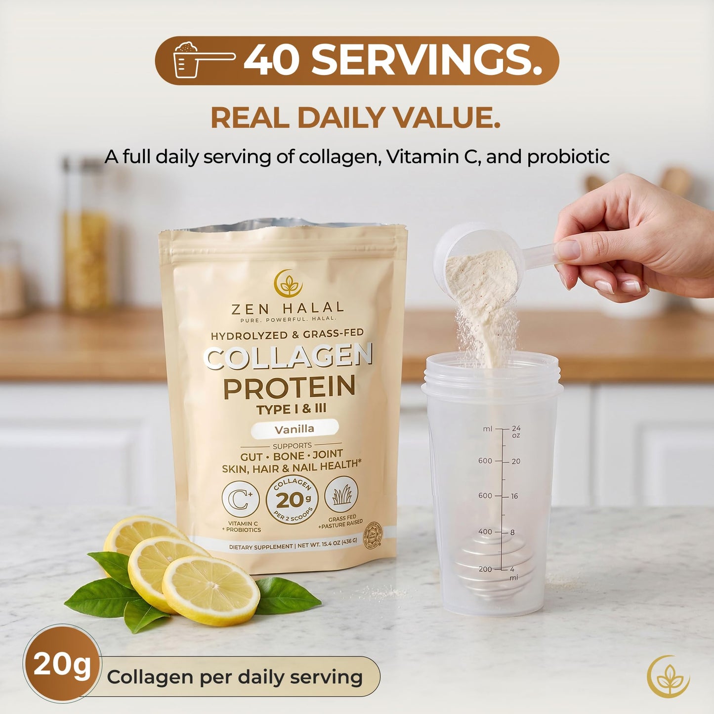 ZEN HALAL Hydrolyzed Collagen Peptides Powder Vanilla 15.4 oz