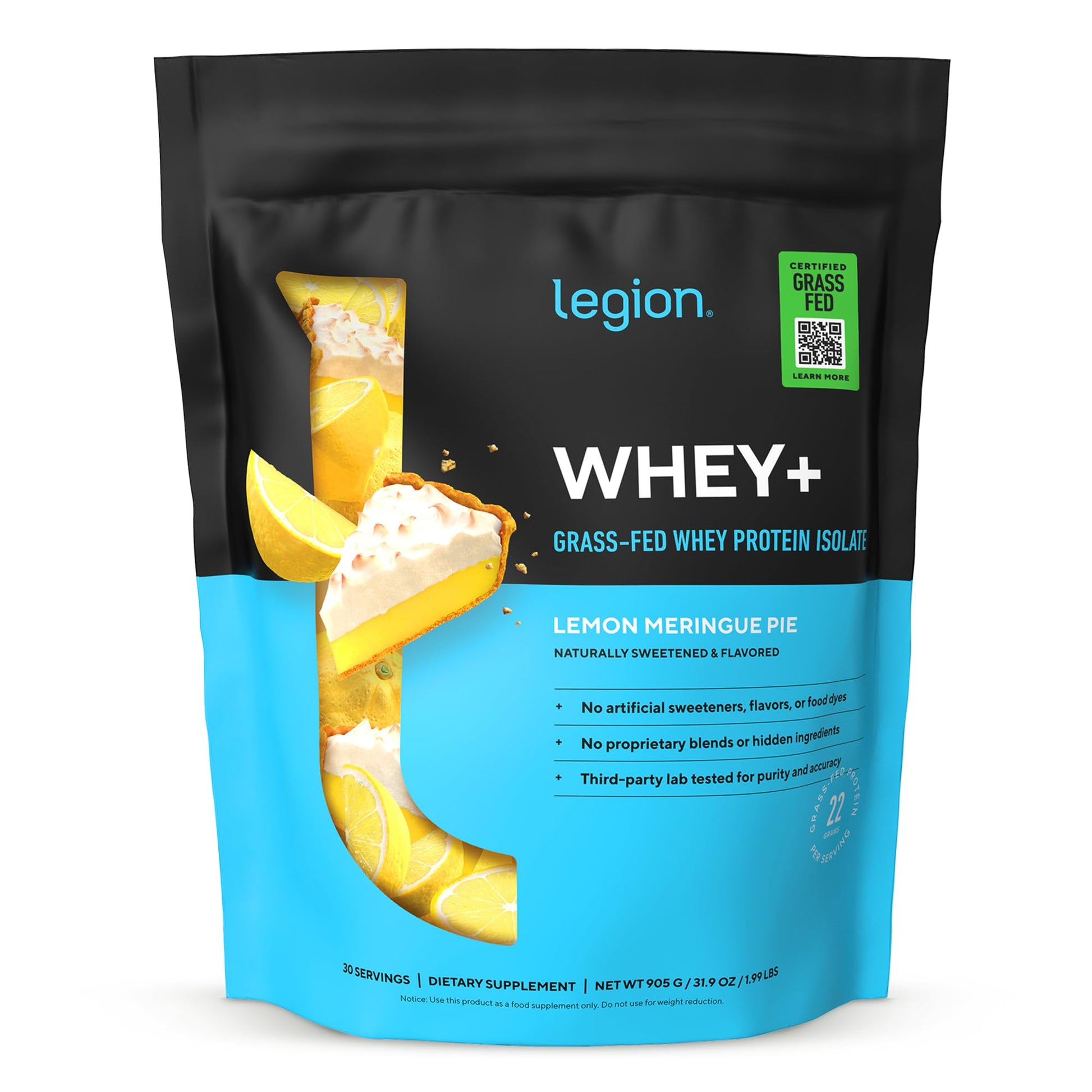 LEGION Whey+ Protein Isolate Powder, Grass-Fed, Lemon Meringue Pie, 30 Servings