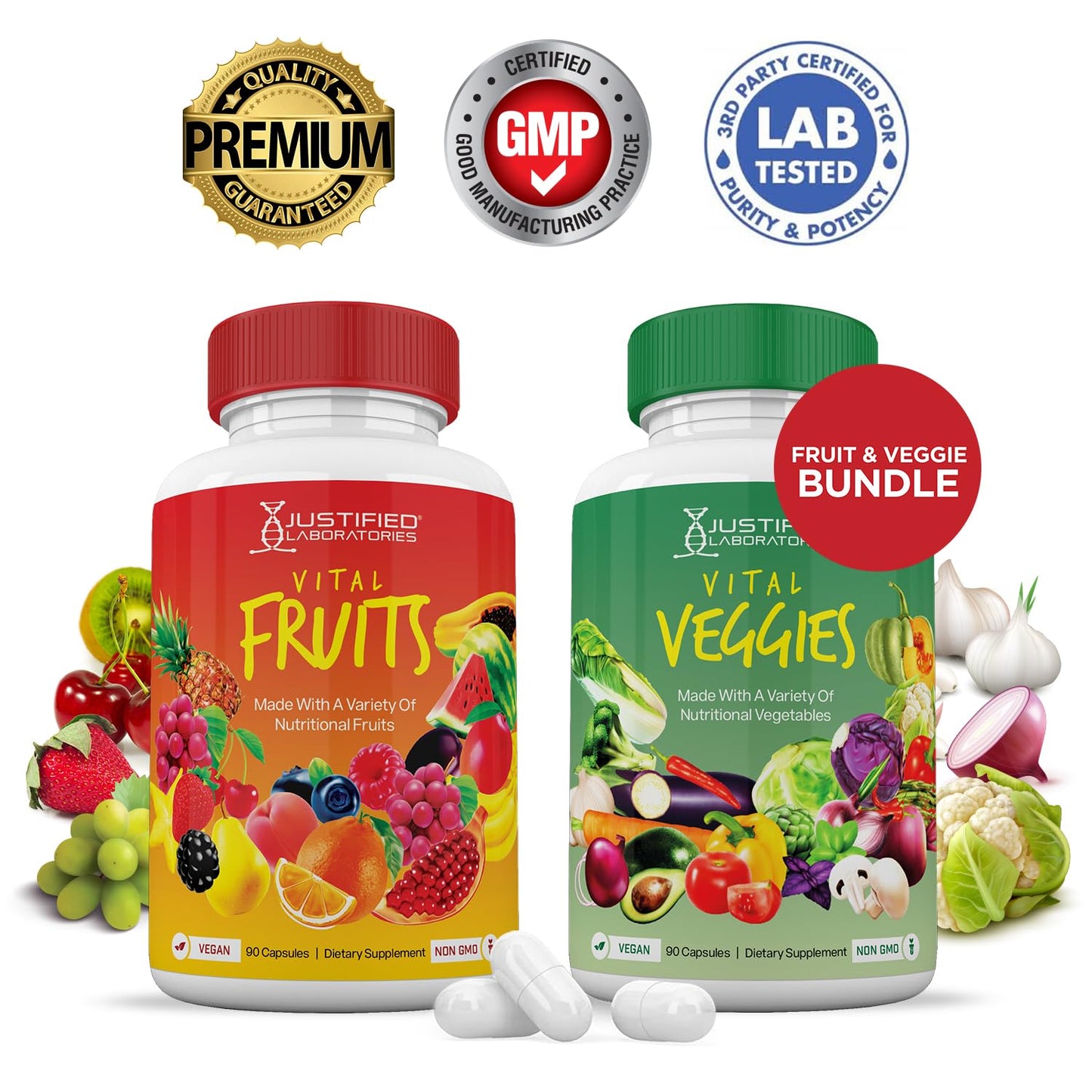 Justified Laboratories Vital Fruits and Veggies Whole Food Red & Green Superfoods Capsules, 90 Count