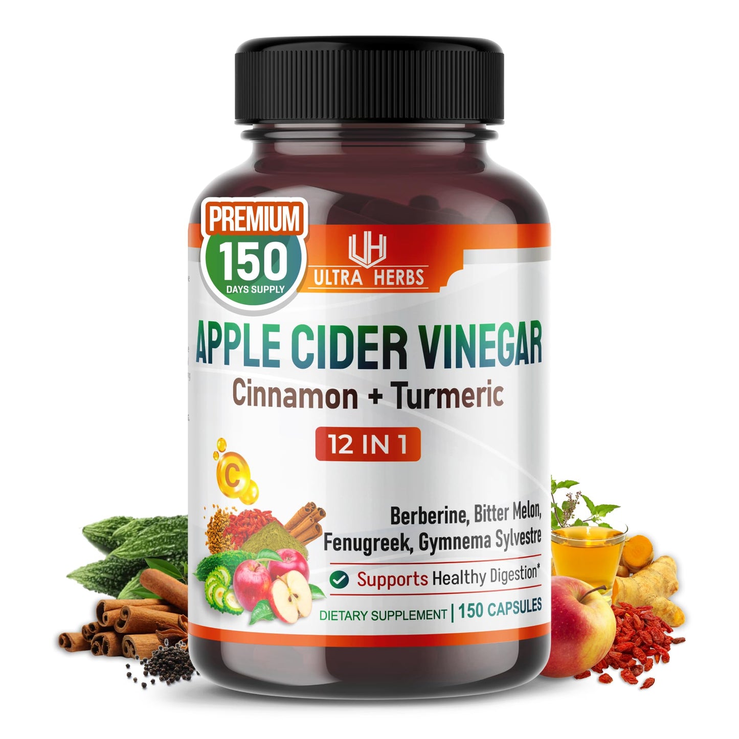 Ultra Herbs Organic Apple Cider Vinegar Capsules Enhanced with Cinnamon and Turmeric, 150 Capsules