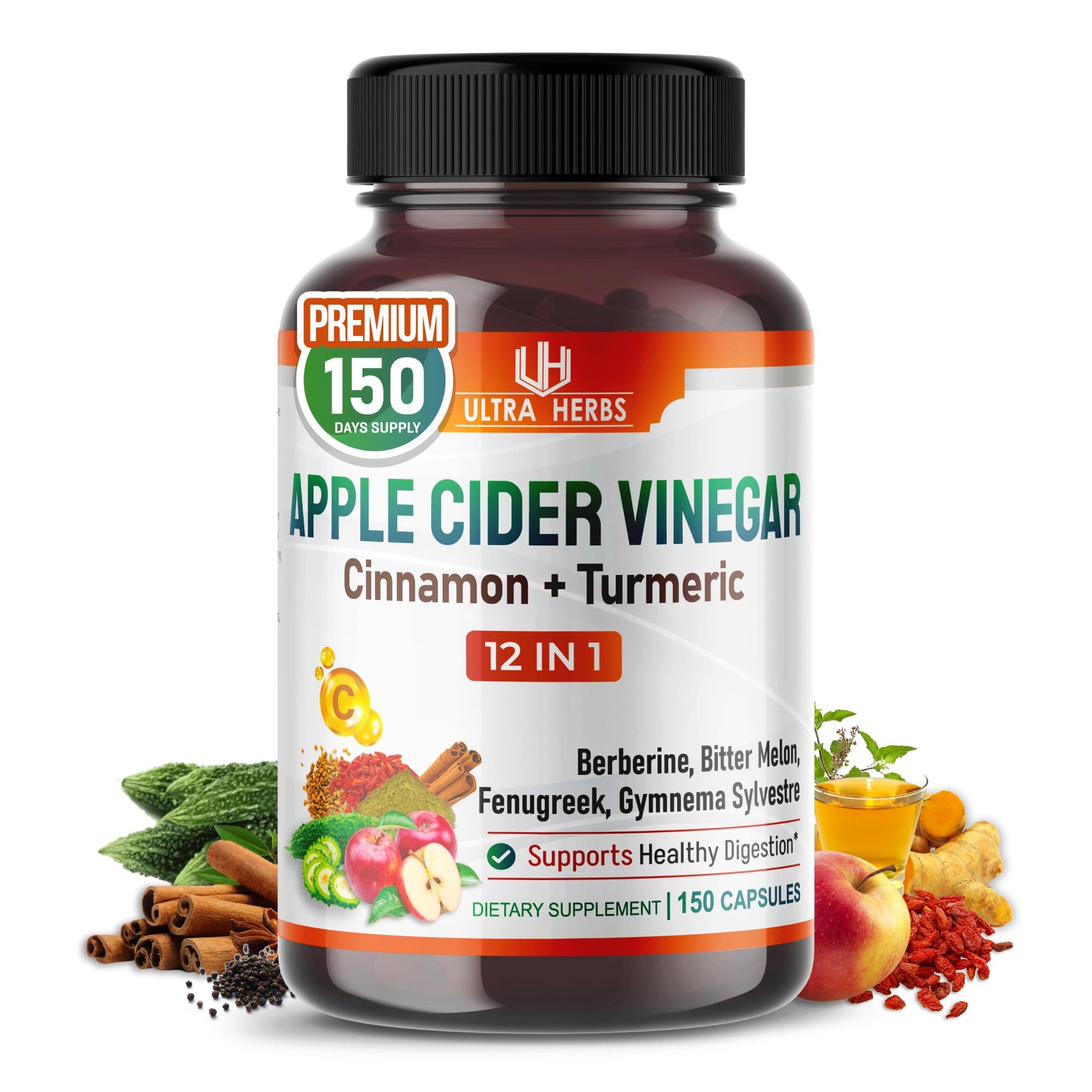 Ultra Herbs Organic Apple Cider Vinegar Capsules Enhanced with Cinnamon and Turmeric, 150 Capsules