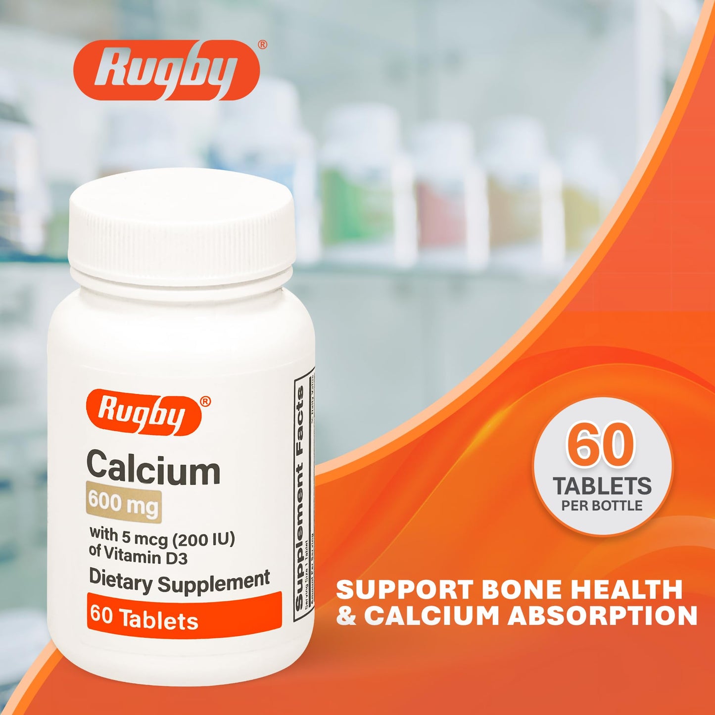 Rugby Laboratories Calcium 600 mg Tablets with Vitamin D3 200 IU (5 mcg), Gluten-Free Daily Vitamin D Dietary Supplement for Bone Health and Calcium Absorption, 60 Tablets