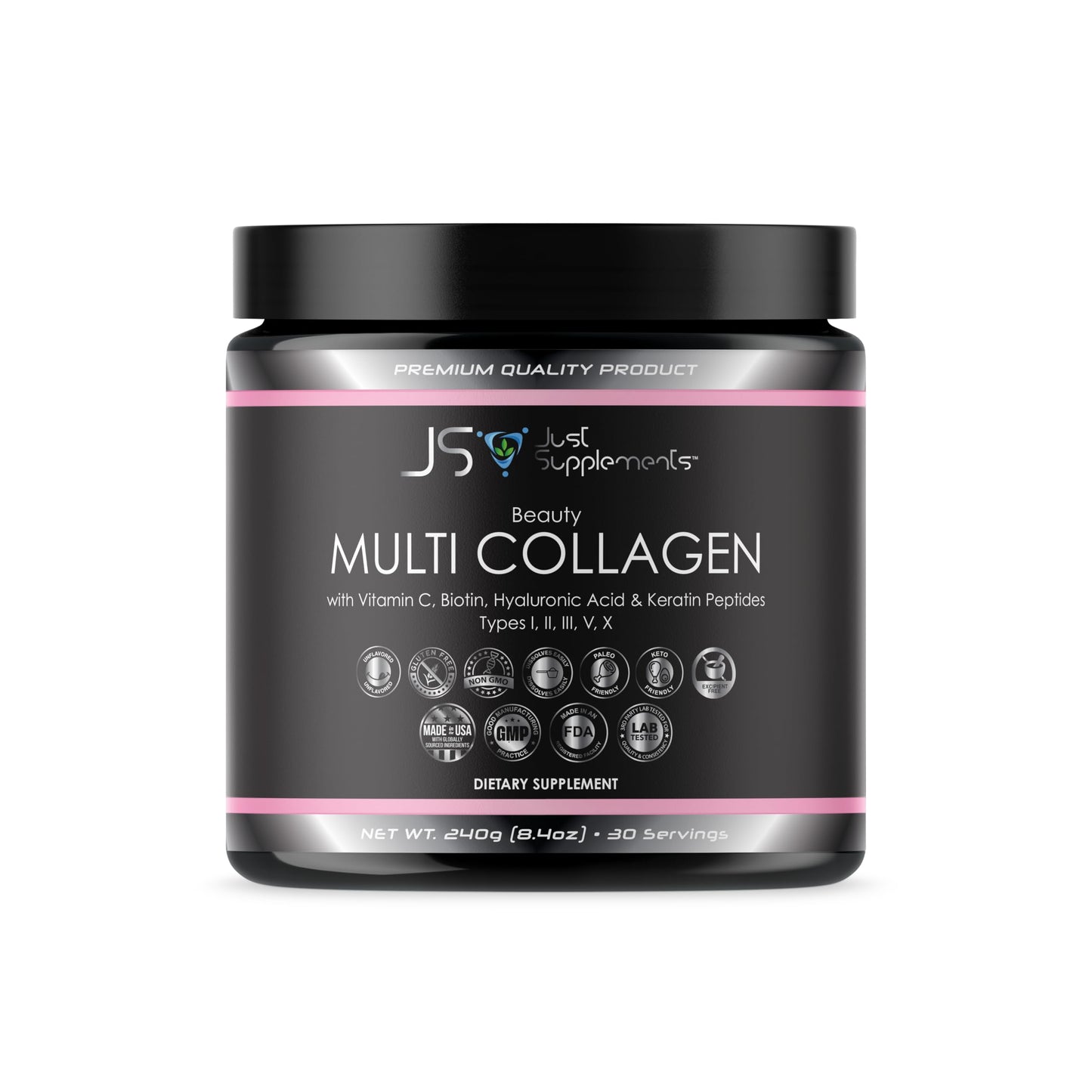 JS JUST SUPPLEMENTS Beauty Multi Collagen with Vitamin C, Biotin, Hyaluronic Acid & Keratin Peptides, Type I, II, III, V, X Powder, 8.4 oz